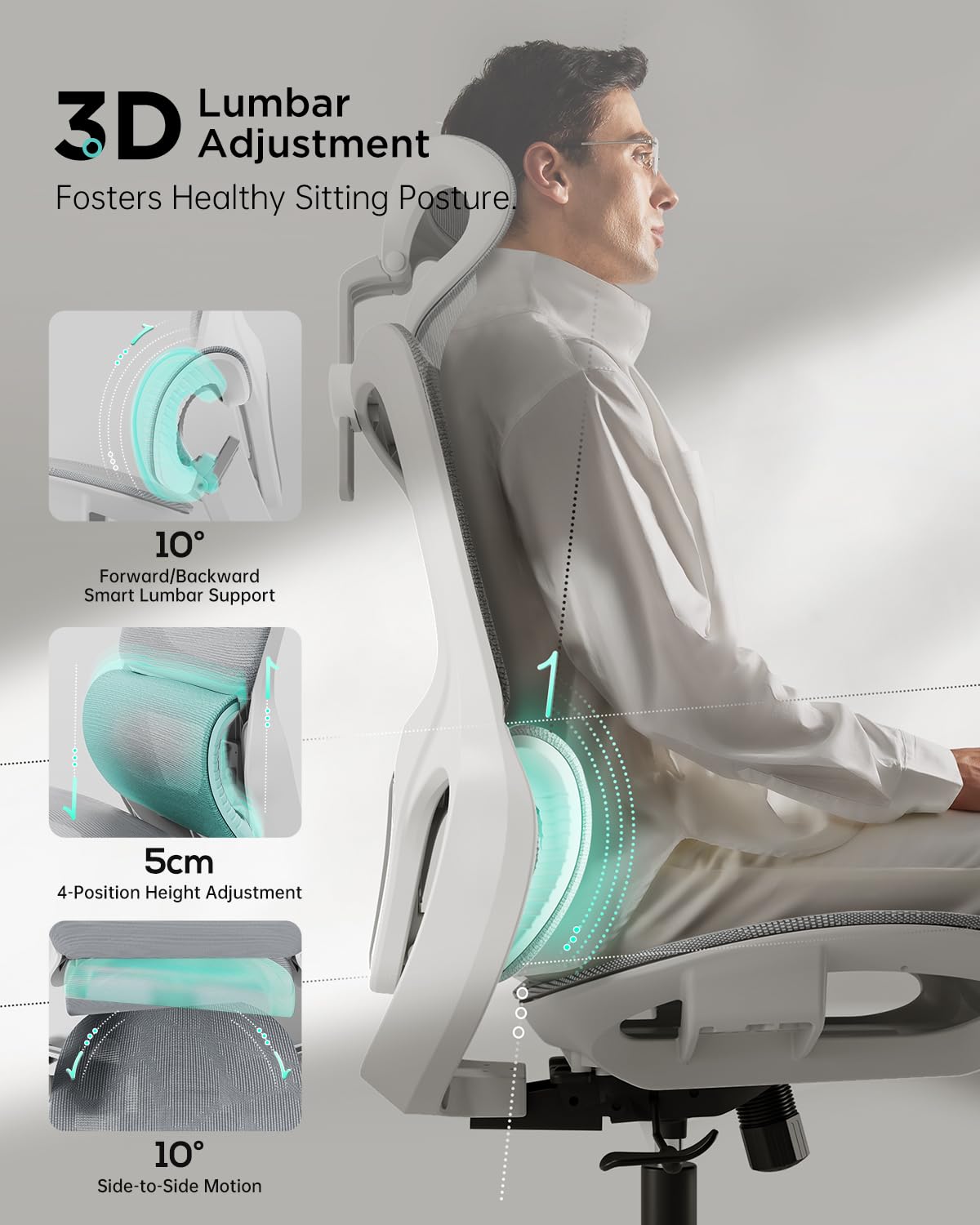 Hbada P2 Air Ergonomic Office Chair - Adjustable 3D Lumbar Support & Headrest, Breathable Mesh Back for Big and Tall Users, 3D Armrests, Comfortable Seat Cushion - Perfect for Home Office, Gaming & Workspace (White)