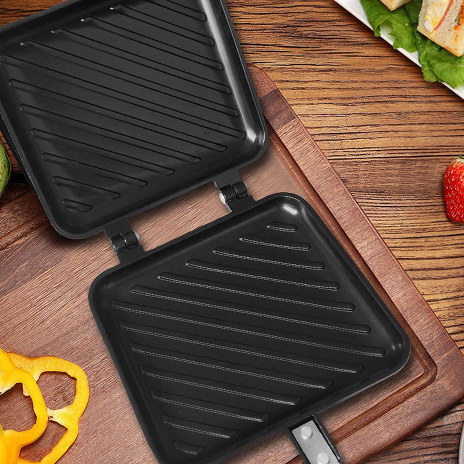 Nonstick Double Sided Frying Pan - Aluminum Alloy Sandwich Panini Maker for Breakfast & Omelette Cooking