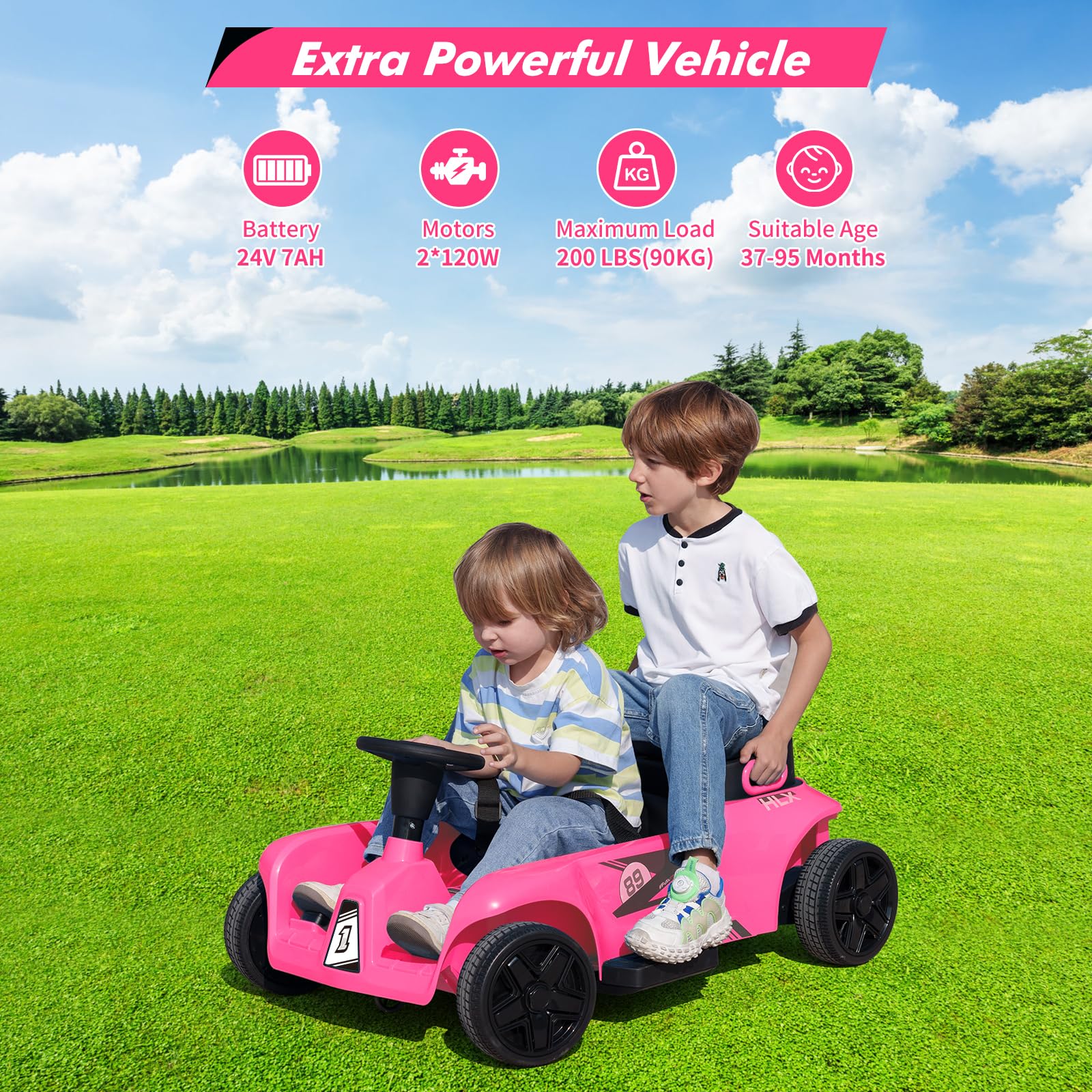 GARVEE 24V Kids Electric Ride-On Car - 2 Seater 4-Wheel Toy with 120W Dual Motors, 200 Lbs Capacity, Remote Control & Parental Modes | Includes Music, USB Port & Storage Box (Pink) - Perfect for Indoor & Outdoor Play, Birthday Gifts for Toddlers