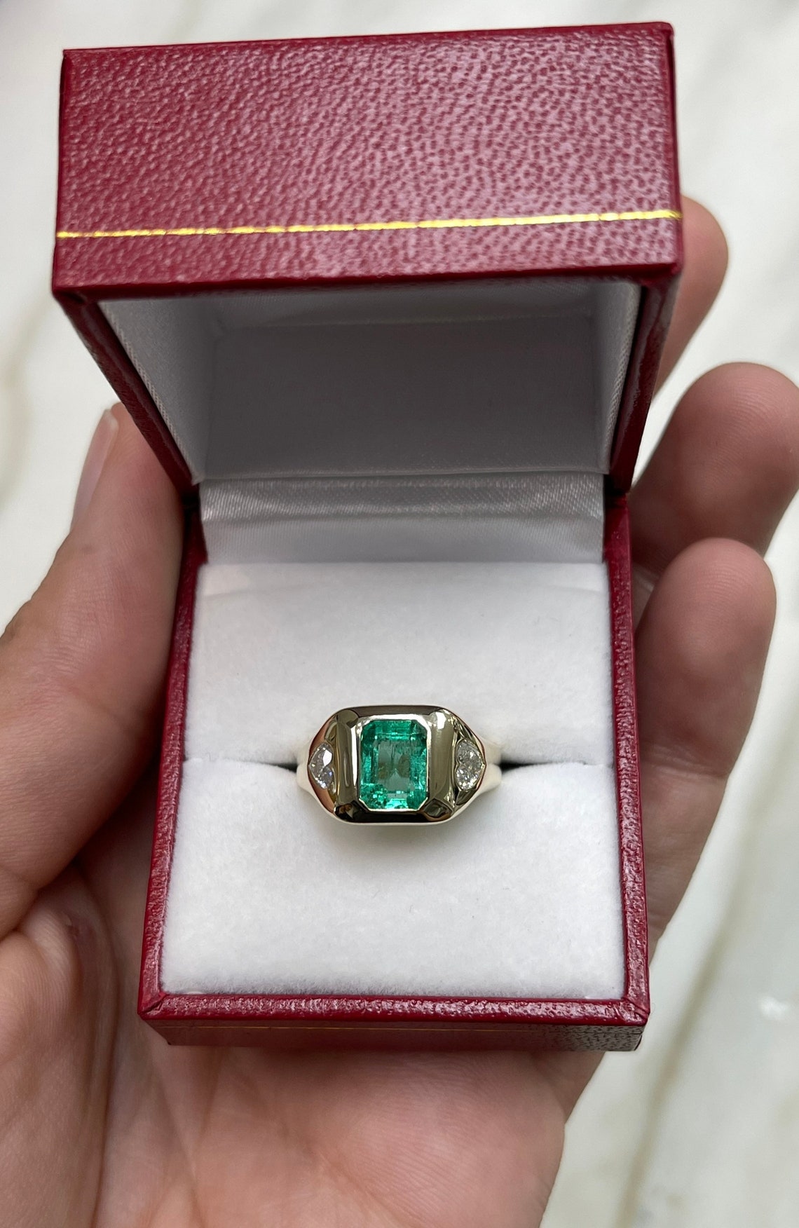 2.15tcw Three Stone Colombian Emerald & Heart Diamond Gypsy Ring in 14K Gold - Perfect for Engagement, Wedding, or Anniversary Gifts