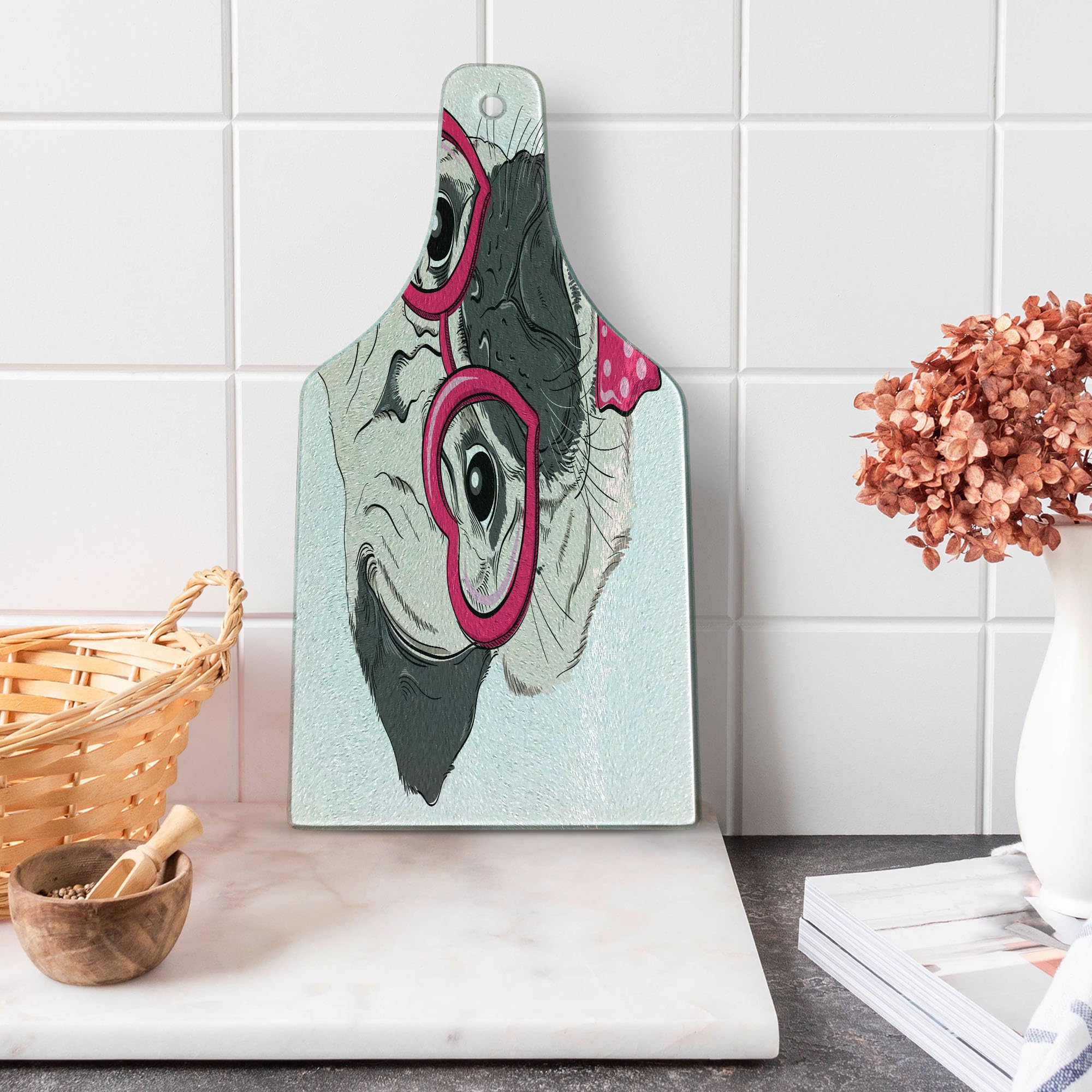 Ambesonne Pug Themed Tempered Glass Cutting Board - Dog with Heart Glasses & Bow Tie Design - Decorative Serving Tray for Kitchen, Party, Wine & Cheese - Pink Grey White Wine Bottle Shape Board