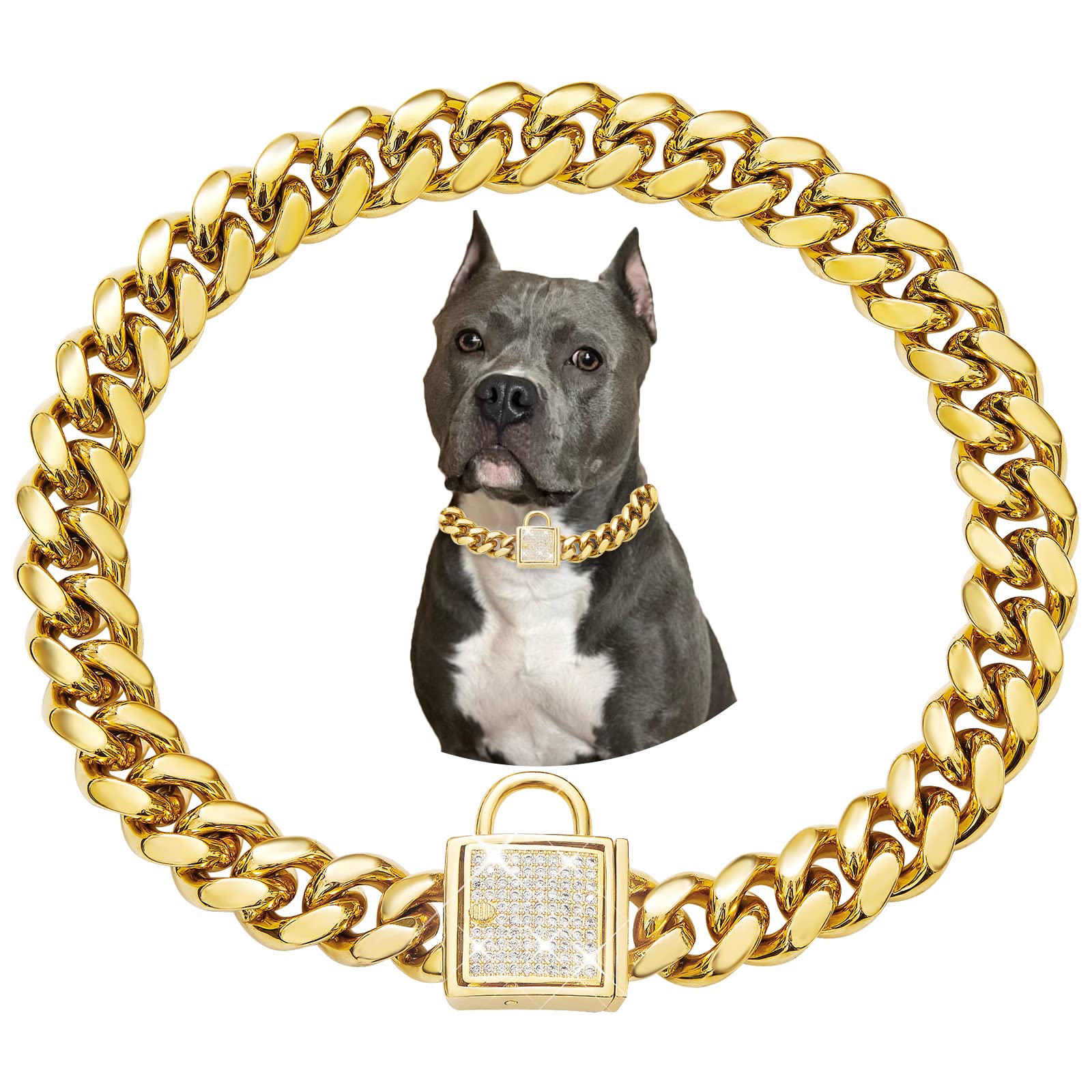 Stainless Steel Cuban Link Dog Collar - Heavy Duty Gold Chain Collar for Small, Medium & Large Dogs - Durable & Stylish Pet Accessory for Walking, Training & Fashion