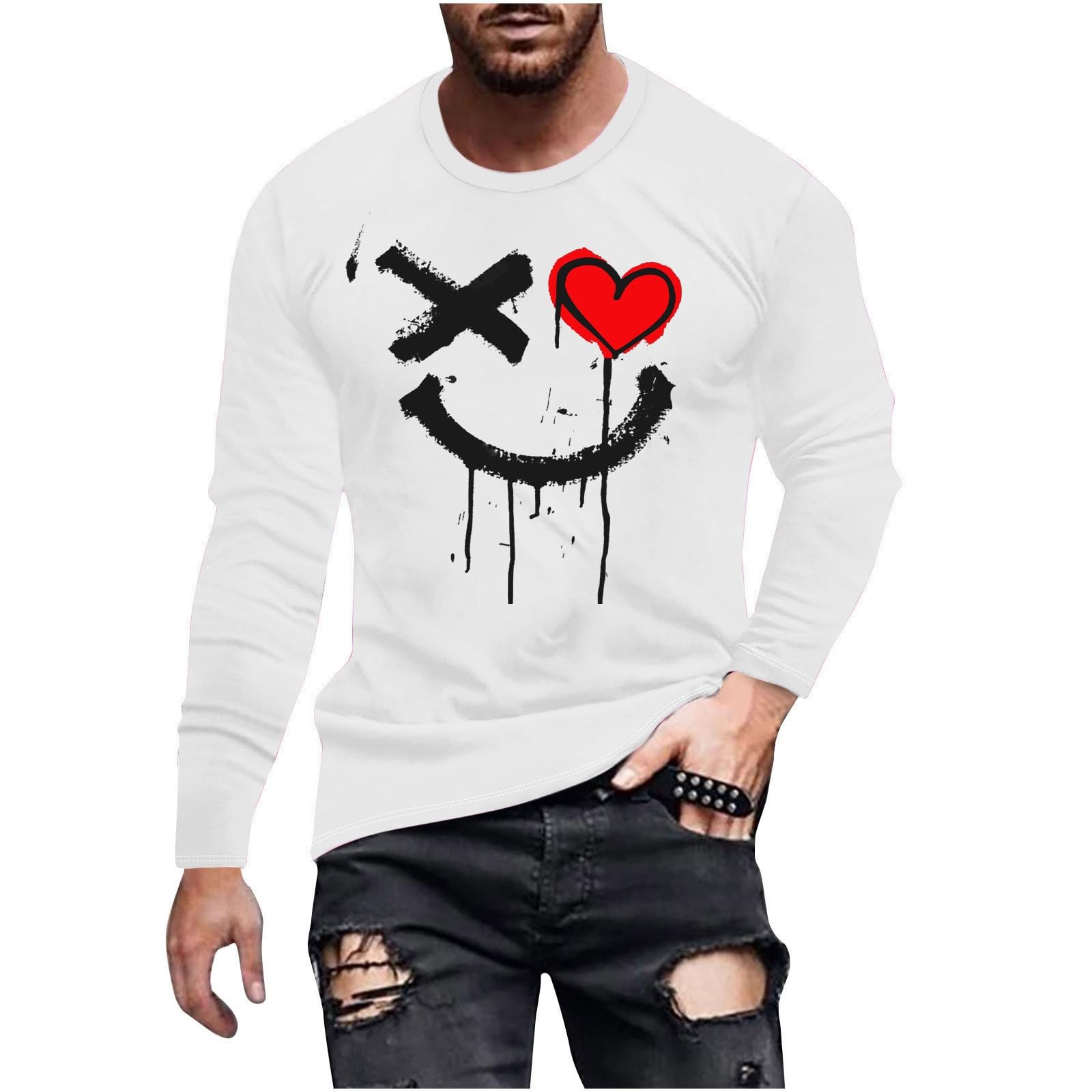 Men's Long Sleeve Graphic T-Shirt with Smiley Face Print - Funny Halloween Novelty Tee for Parties & Casual Wear