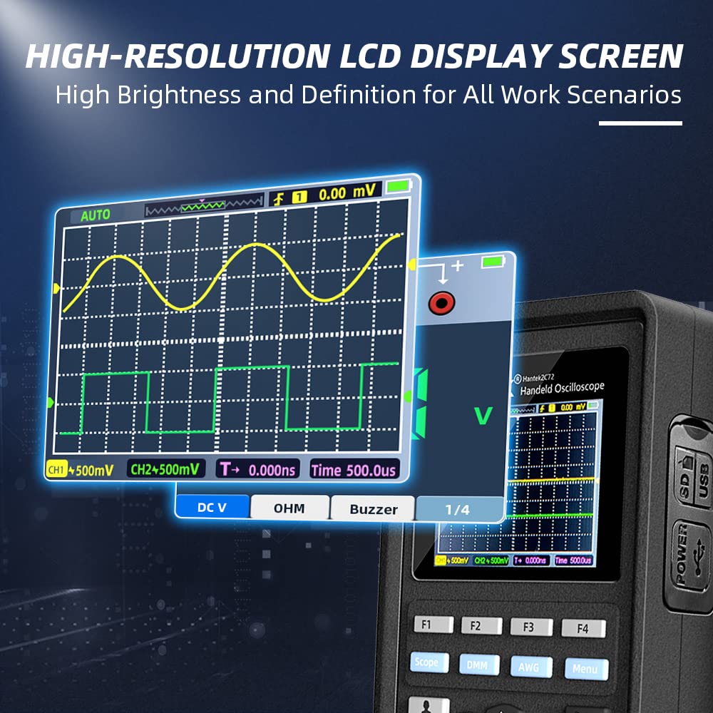 Hantek 2C72 70MHz Handheld Oscilloscope & Multimeter - 2CH+DMM 2-in-1 Multifunction Tester for Electronics Repair, Automotive Diagnostics & Engineering Testing