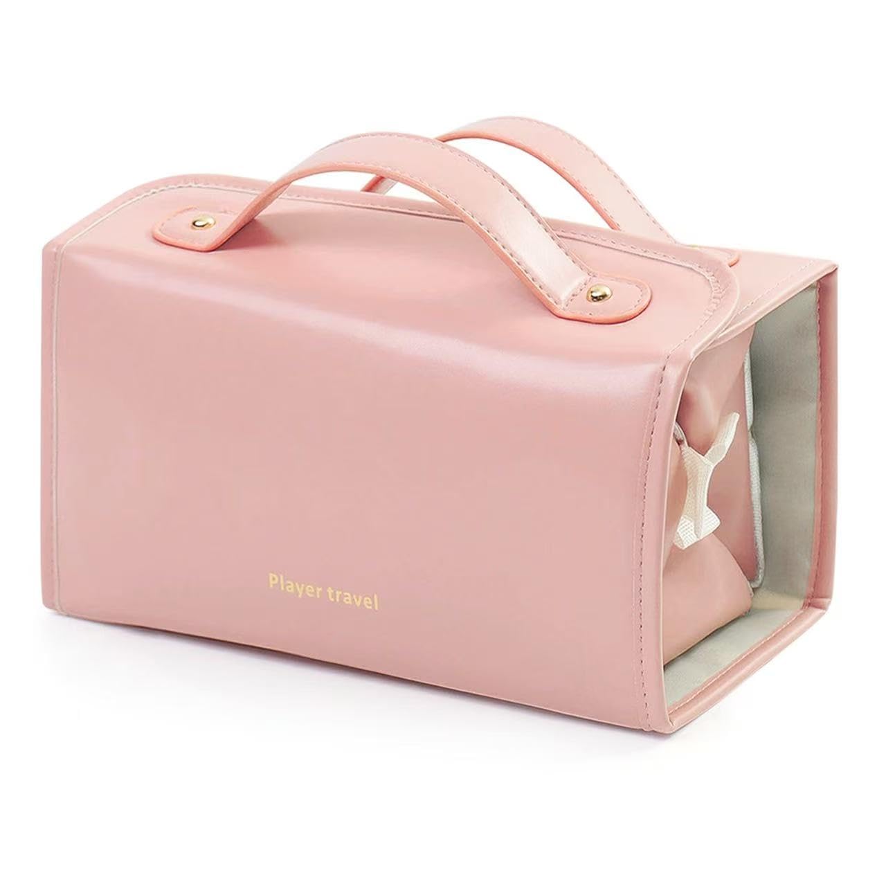 Portable 4-in-1 Foldable Leather Makeup Bag - Waterproof Travel Cosmetic Organizer with 4 Detachable Clear Compartments | Hanging Toiletry Bag for Women | Perfect for Travel, Gym, and Daily Makeup Storage