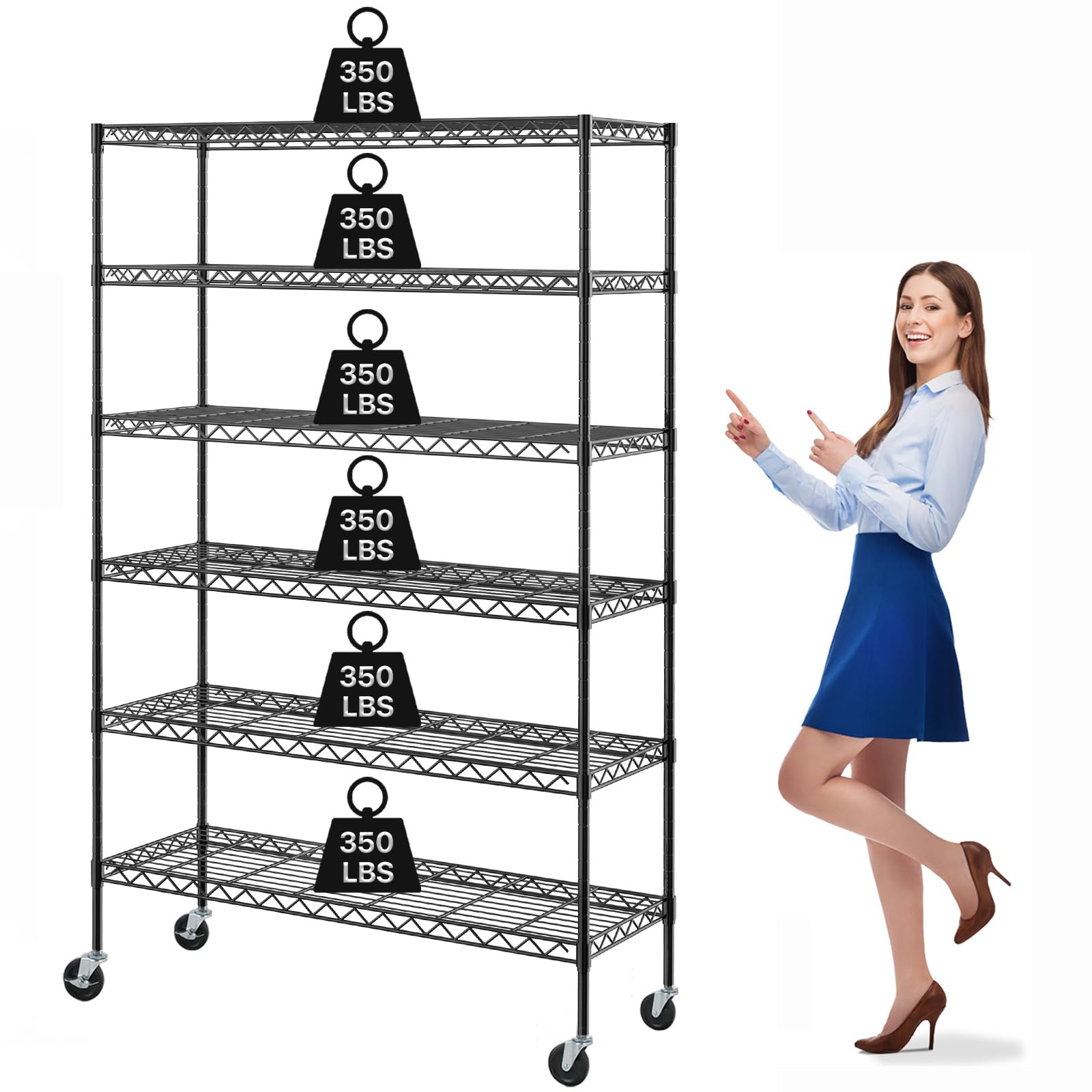 6-Tier Heavy Duty Adjustable Wire Shelving Unit - 2100Lbs Capacity Steel Storage Rack for Kitchen, Garage, Pantry, Laundry & Closet - Black Metal Shelf (48