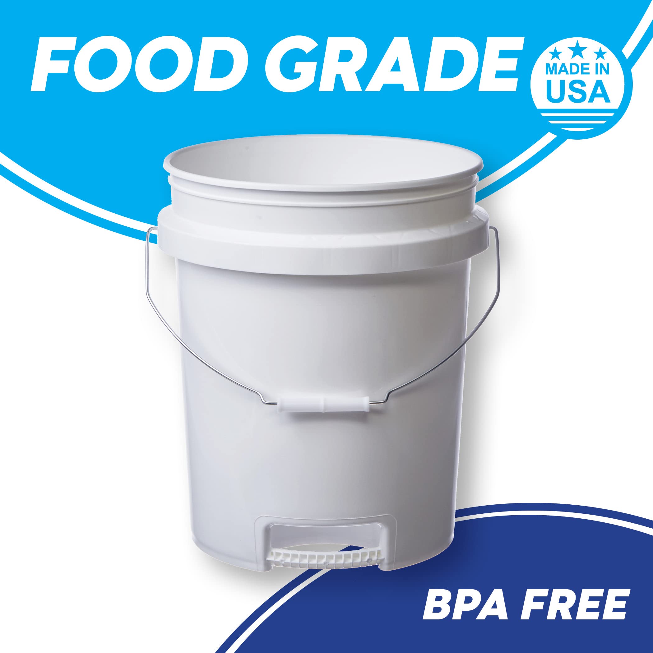 5 Gallon White Food Grade Buckets with Handle & Gamma Seal Lids - BPA Free HDPE Storage Pails - Durable Plastic Containers for Food Storage, Home Brewing, Gardening & DIY Projects - Made in USA (6 Pack, Green Lids)