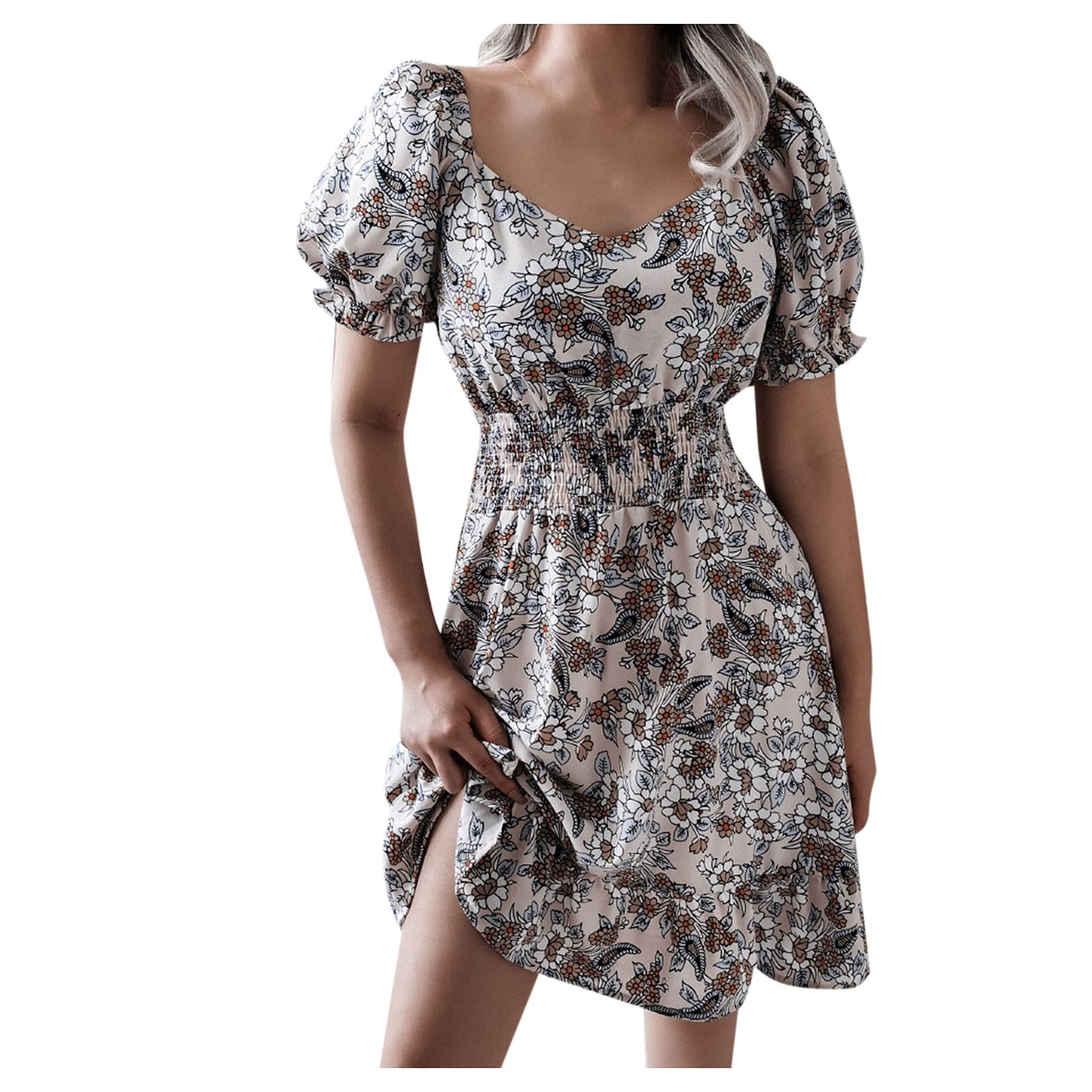 Women's Floral Print Casual Dress with Square Collar & Lantern Sleeves - Bamboo Fabric Ruffled Summer Dress in Beige | Perfect for Beach Vacations, Garden Parties & Boho Chic Outfits