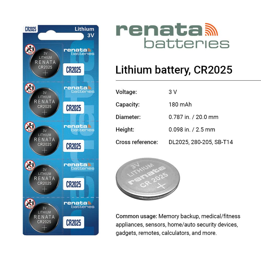 Renata CR2025 3V Lithium Coin Cell Batteries - 20 Pack for Watches, Calculators, Key Fobs & Medical Devices - Long-Lasting Power Supply