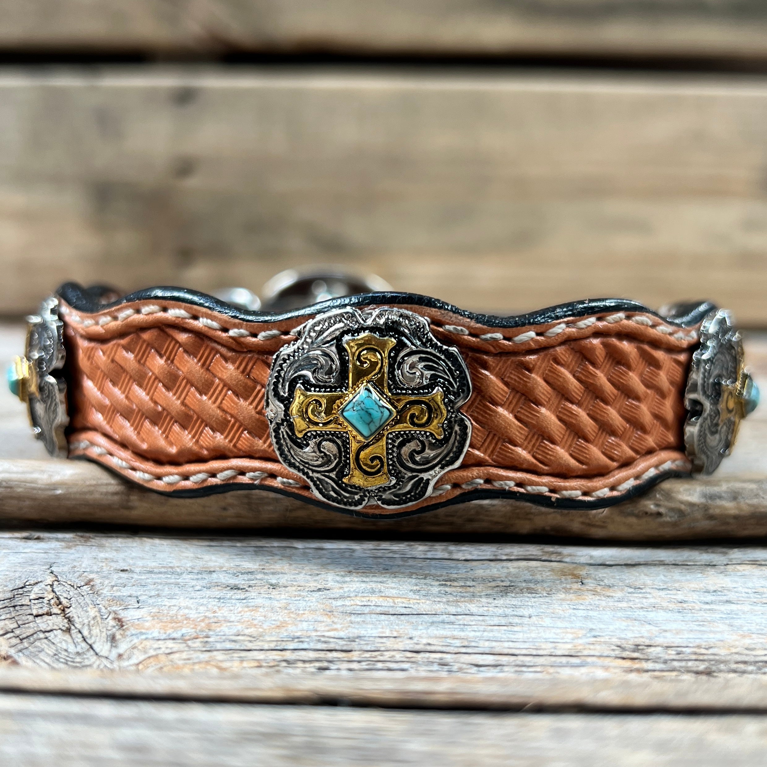 Premium Genuine Leather Dog Collar with Gold Cross Conchos - Adjustable Size 10-22 Inches (W189S DC63) - Perfect for Small to Medium Dogs, Training & Fashion Accessory
