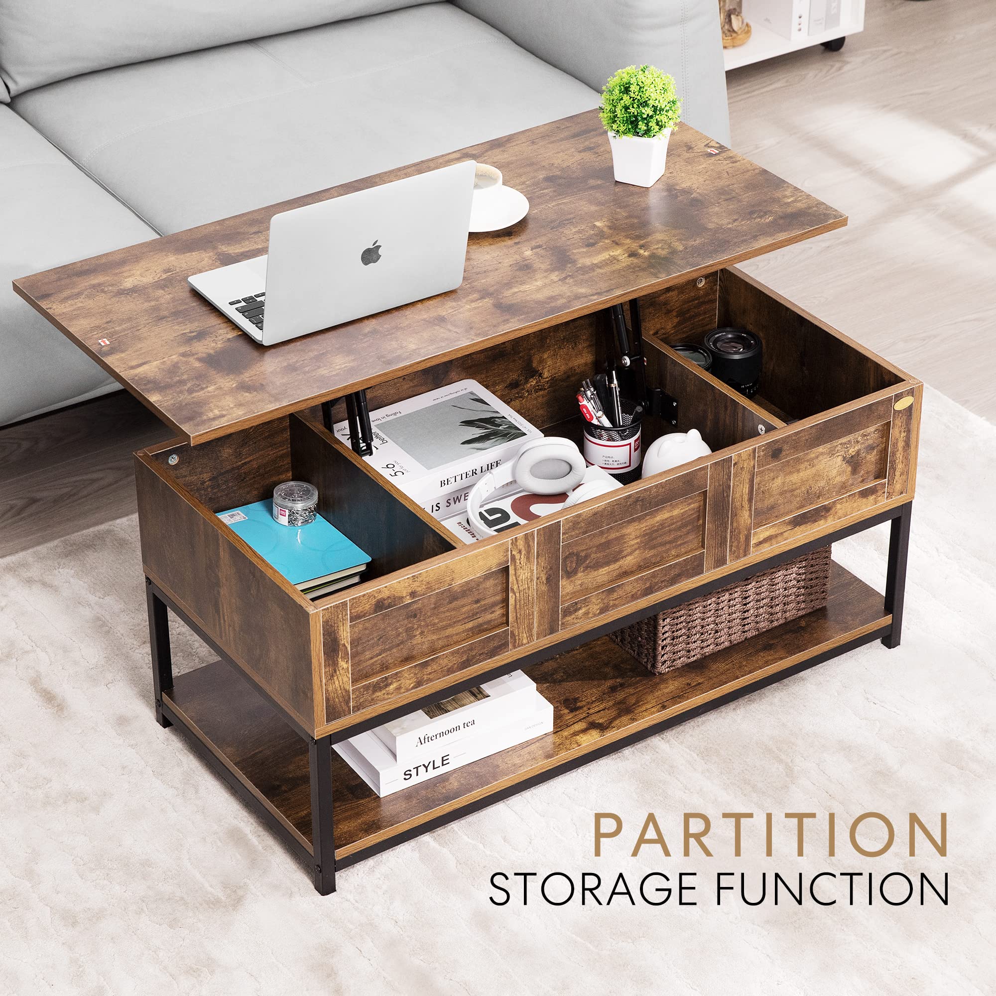VIVOHOME Lift Top Coffee Table with Steel Frame, Convertible Dining Table with Open Storage & Hidden Compartment - Rustic Brown - Perfect for Living Room, Office, Small Apartment & Studio Spaces
