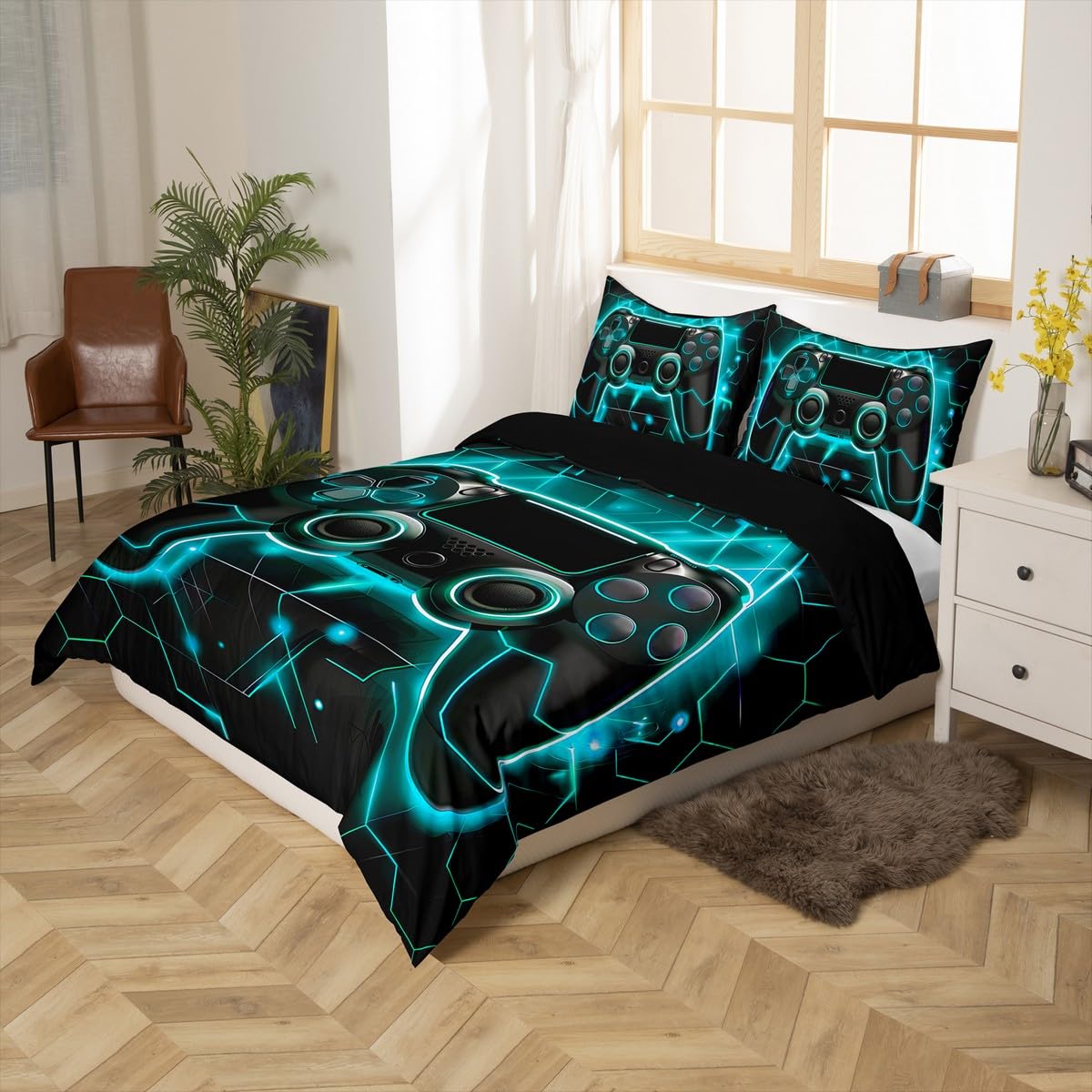 King Size Honeycomb Gamer Bedding Set - Hexagon Beehive Geometry Duvet Cover & 2 Pillow Shams with Neon Lights in Black & Teal - Perfect for Gaming Rooms, Teen Bedrooms & Esports Themed Decor