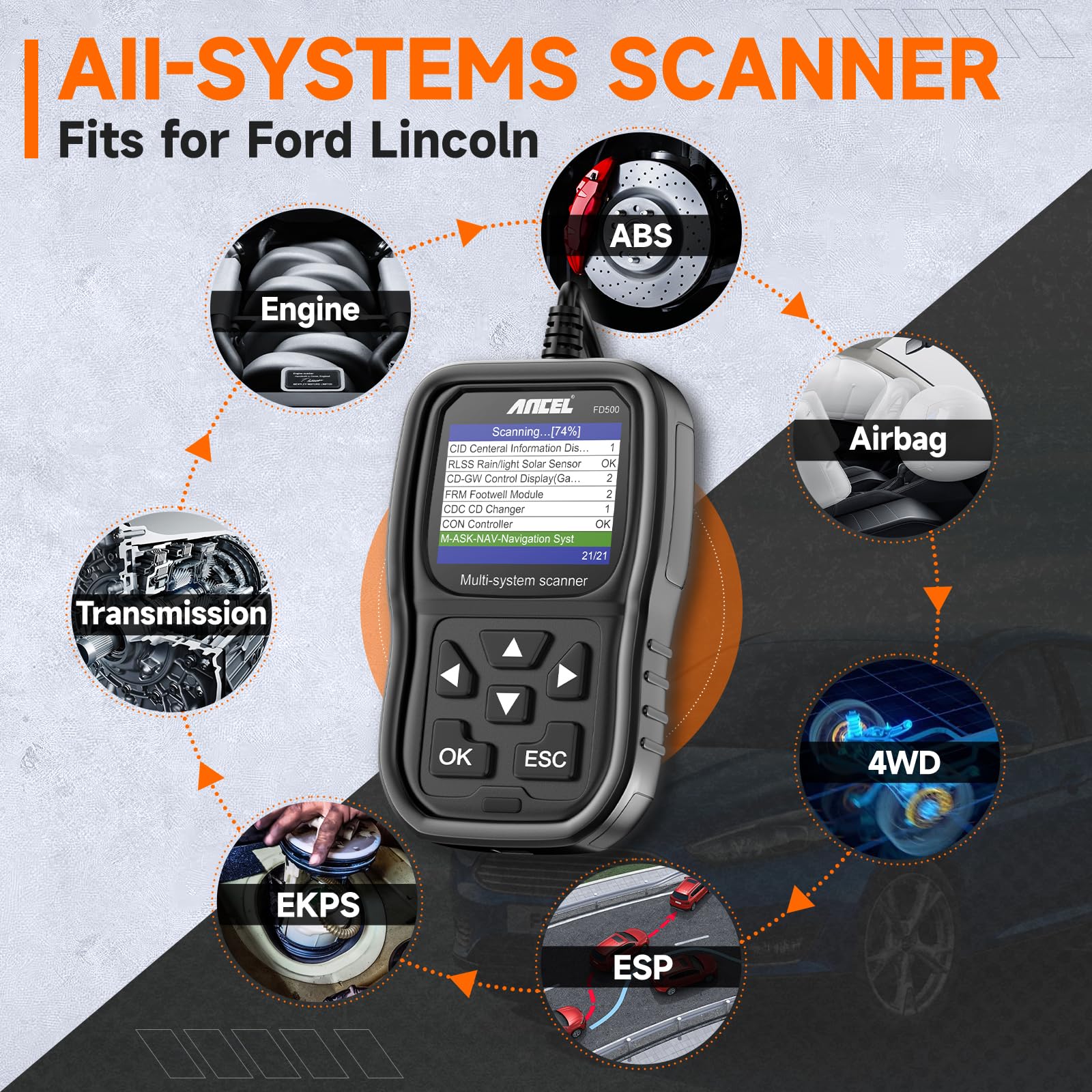 ANCEL FD500 OBD2 Scanner for Ford Lincoln Mercury - Full System Diagnostic Tool with Engine, ABS, SRS, Transmission & 4WD Scan - EPB Reset, Throttle Calibration, Oil Service & Battery Registration - Professional Car Code Reader for Mechanics & DIY Auto Repair