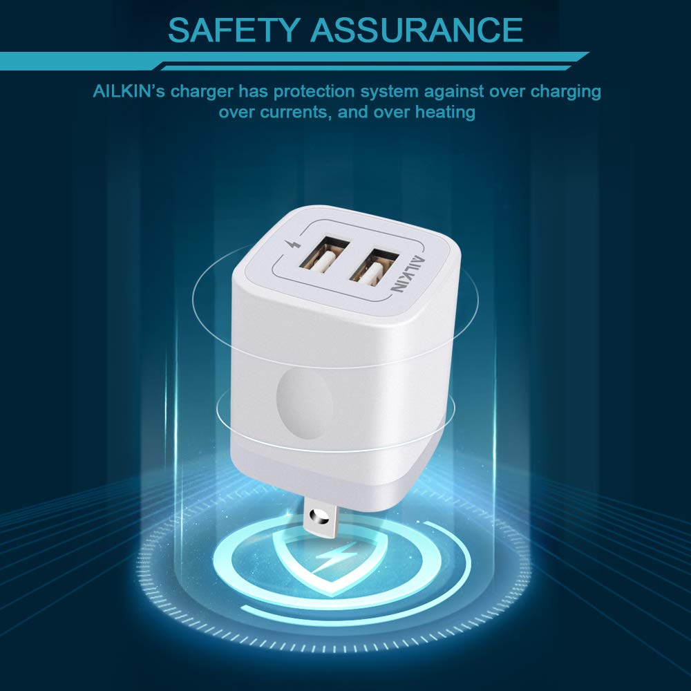 AILKIN 3-Pack Fast Wall Charger with 2-Port USB, 5V/2.1A AC Power Adapter for iPhone 15/14/13/12/SE/11Pro Max/XS/XR/8 Plus, Samsung Galaxy, Google Pixel - Perfect for Home, Office & Travel Charging