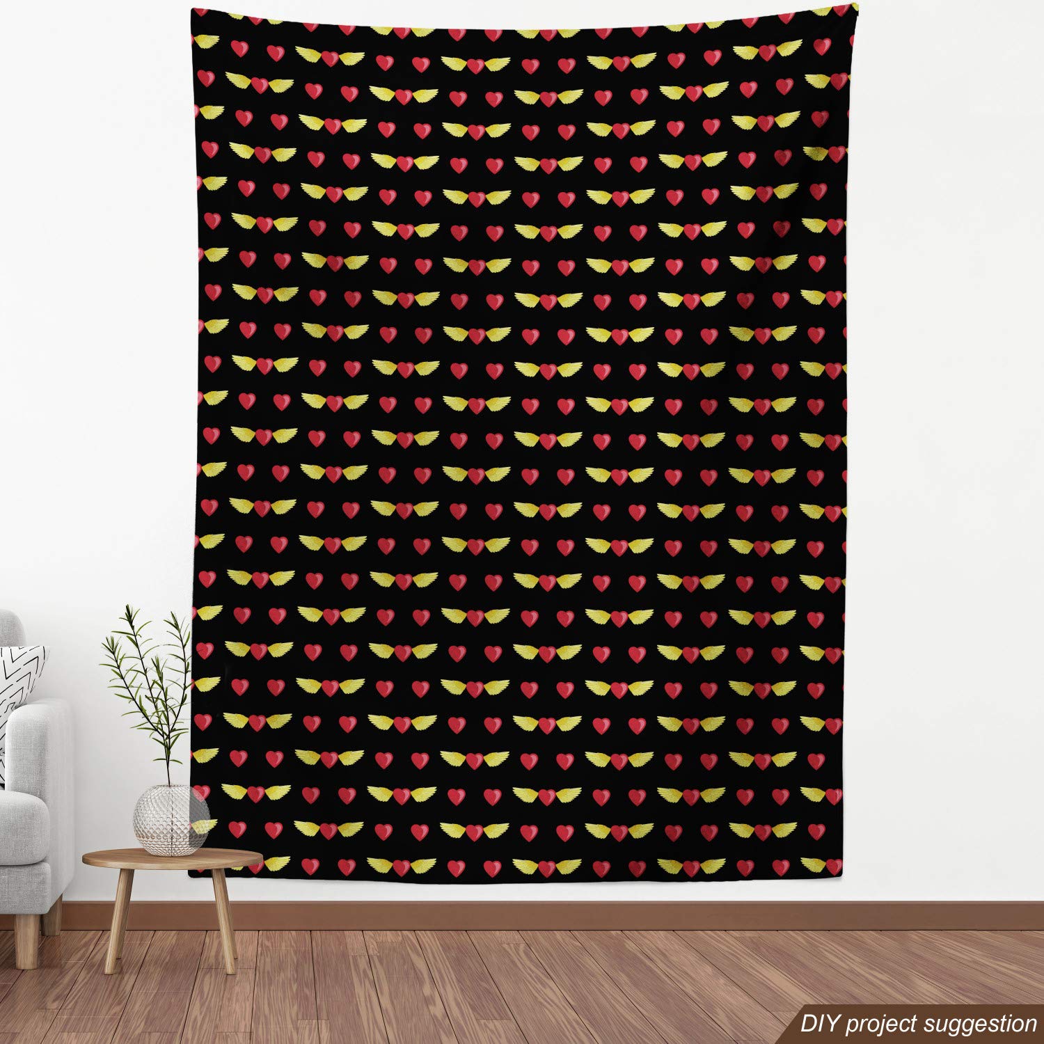 Ambesonne Angel Wings Fabric by The Yard - Romantic Hearts & Flying Couple Design for Upholstery, Curtains, Pillows | 10 Yards Yellow Ruby Black Fabric for Home Decor, Wedding Decorations & DIY Crafts