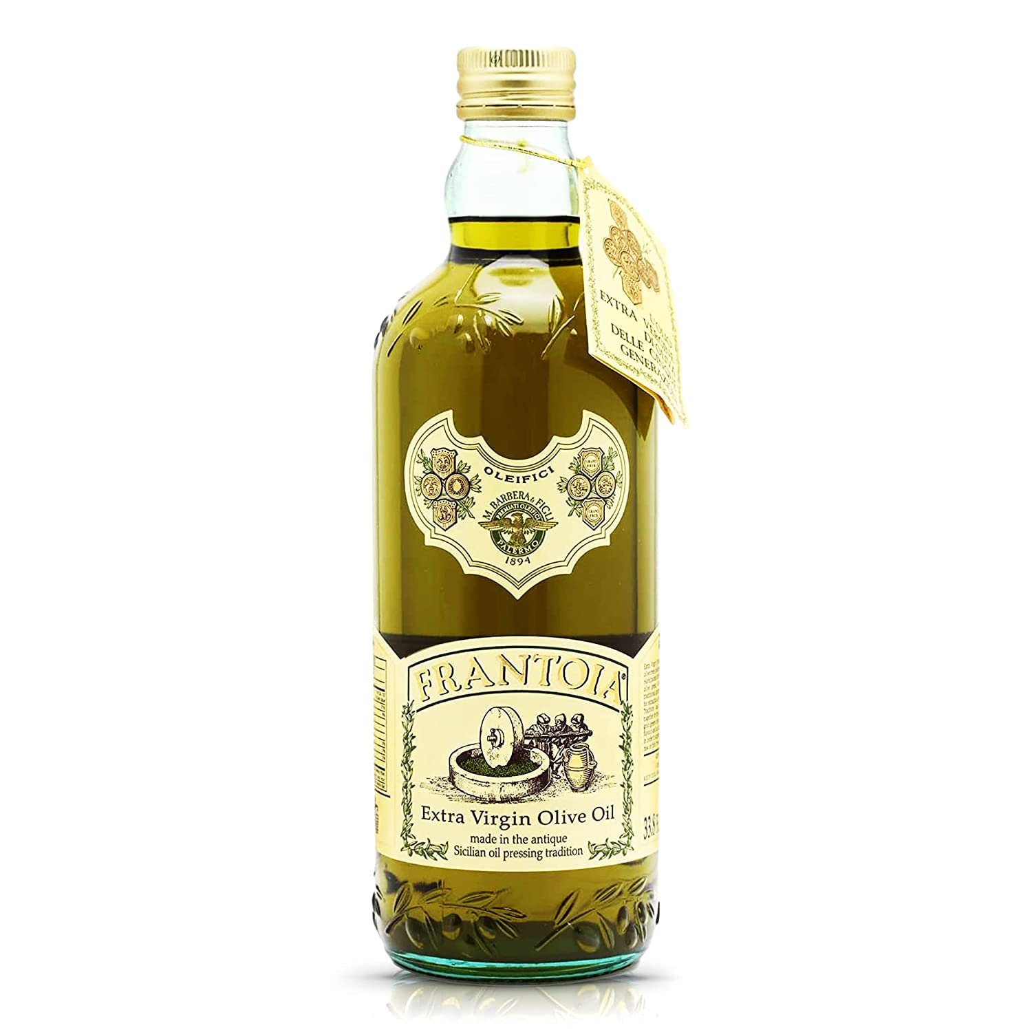 Premium Sicilian Extra Virgin Olive Oil - Frantoia Barbera, 33.8 OZ (1 Liter) - Pack of 4 - Cold Pressed, Unfiltered, Rich Flavor - Perfect for Salads, Pasta, Dips & Gourmet Cooking