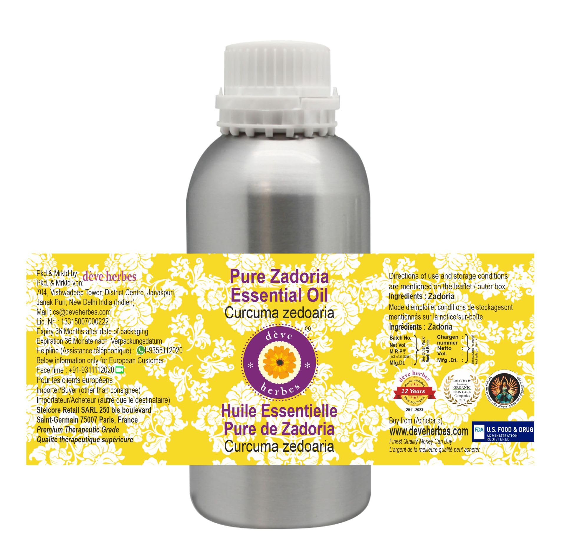 Pure Zadoria Essential Oil (Curcuma zedoaria) - 300ml (10 oz) Steam Distilled for Aromatherapy, Massage & Skin Care | Deve Herbes Natural Essential Oils