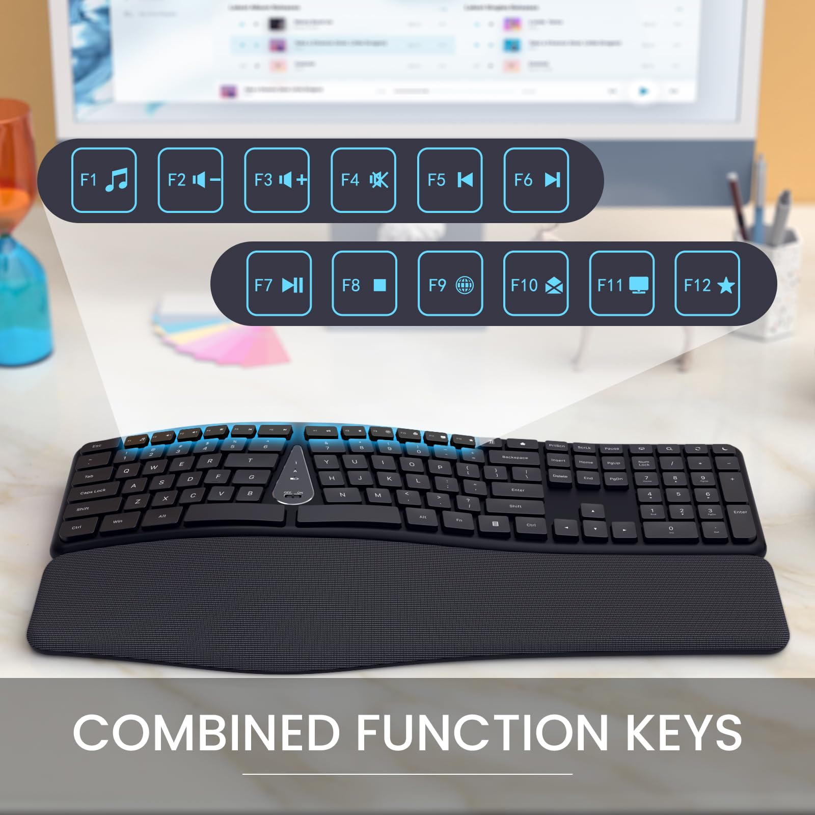 Wireless Ergonomic Split Keyboard with Wrist Rest & Cleaning Brush - 2.4G Comfortable Computer Keyboard for Windows PC & Laptops - Perfect for Office Work, Gaming & Long Typing Sessions