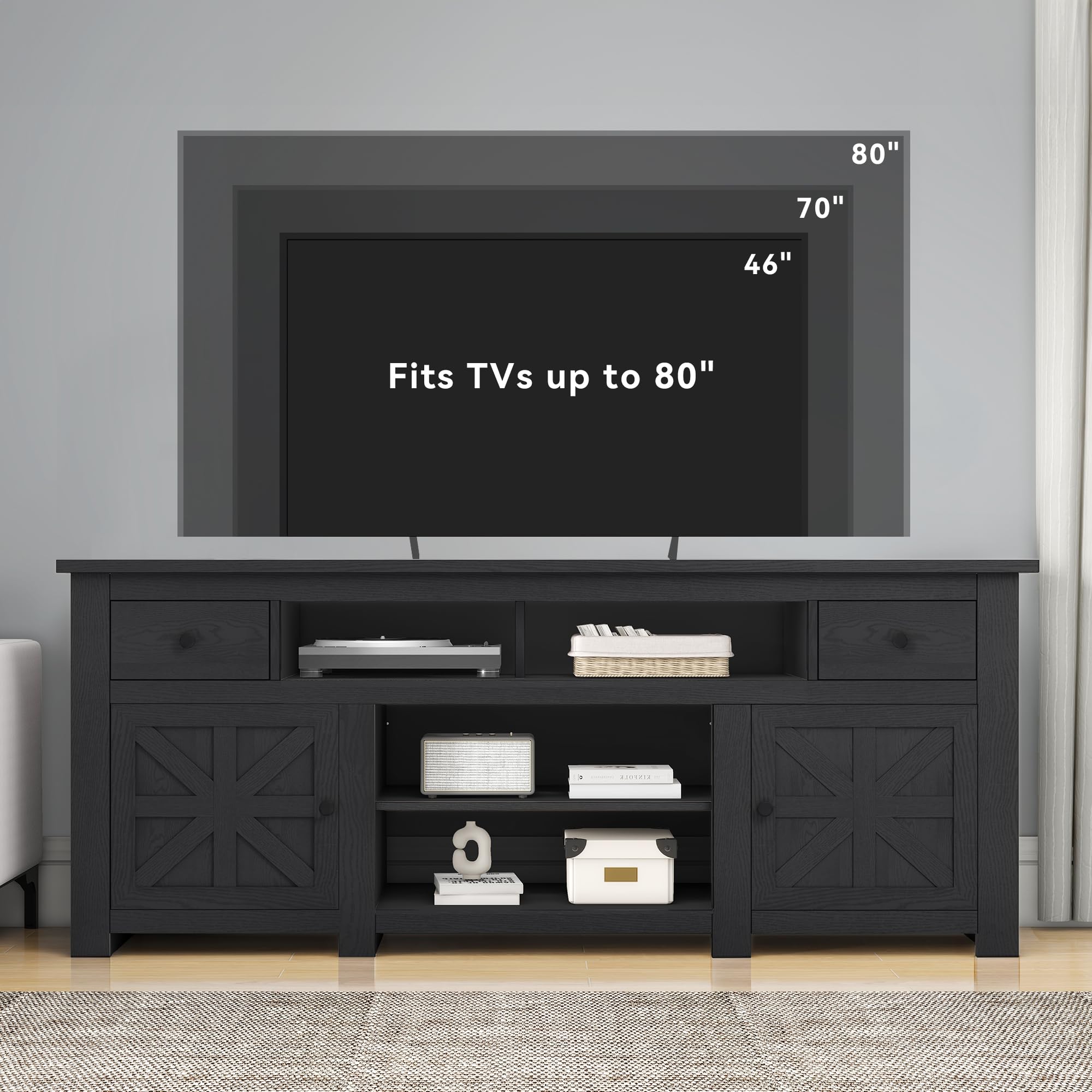 **75 Inch Farmhouse TV Stand with Storage Cabinets & Drawers - Rustic Entertainment Center, Media Console for Living Room - Perfect for Home Theater & Cozy Family Gatherings (Black)**