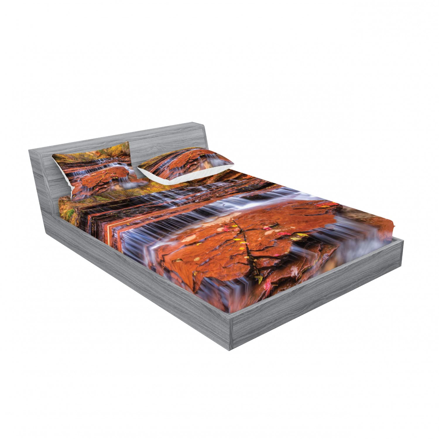 Ambesonne 2-Pack Full Size Fitted Sheet Set with 4 Pillow Shams - Waterfall Autumn Brown Bedding Collection | Cozy Fall Bedroom Decor for Guest Rooms & Vacation Homes