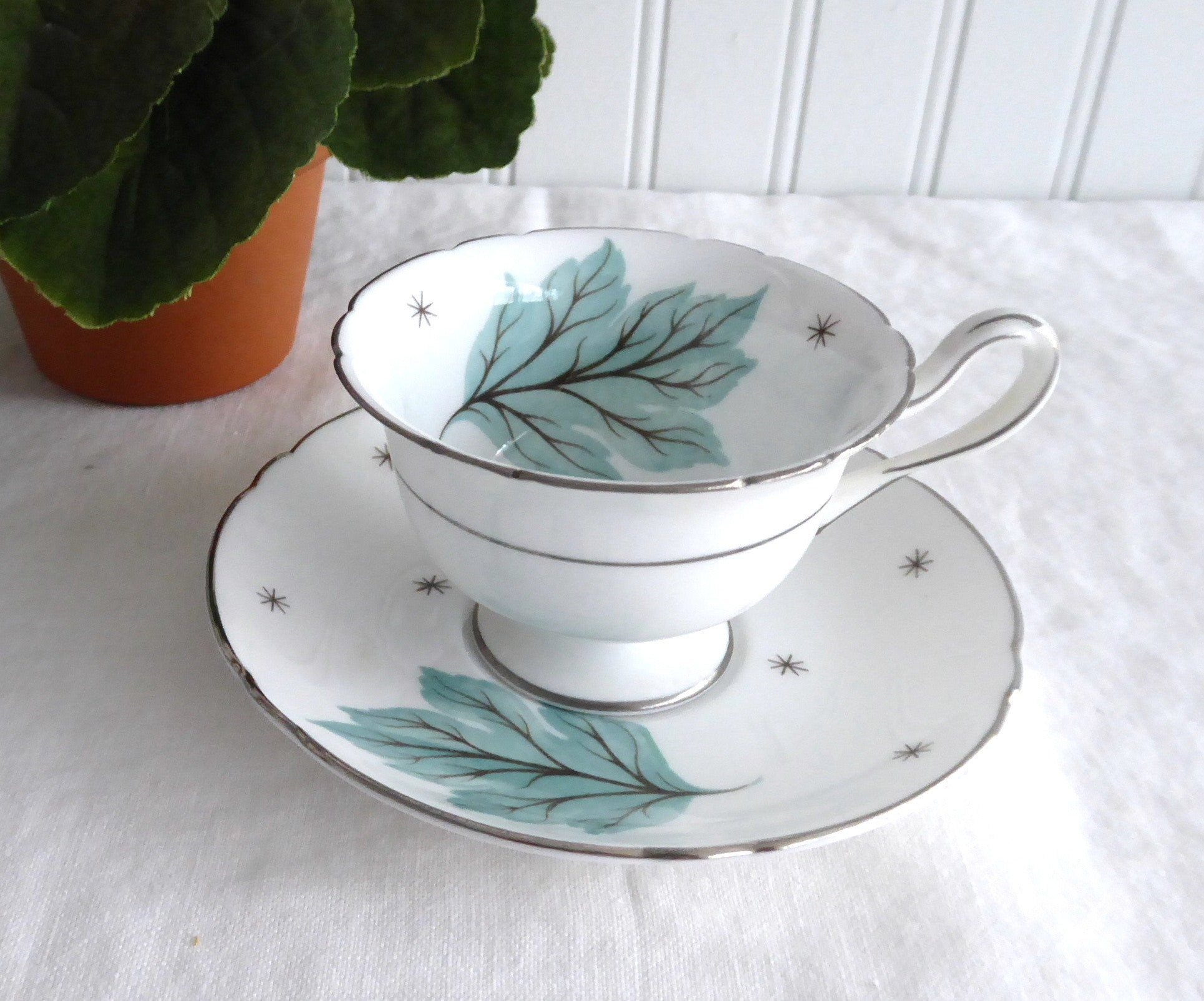 Vintage Shelley Drifting Leaves Demi Cup and Saucer Set - Gainsborough Shape 1950s Aqua Blue Floral Tea Cup | Perfect for Afternoon Tea, Collectible China, and Vintage Home Decor