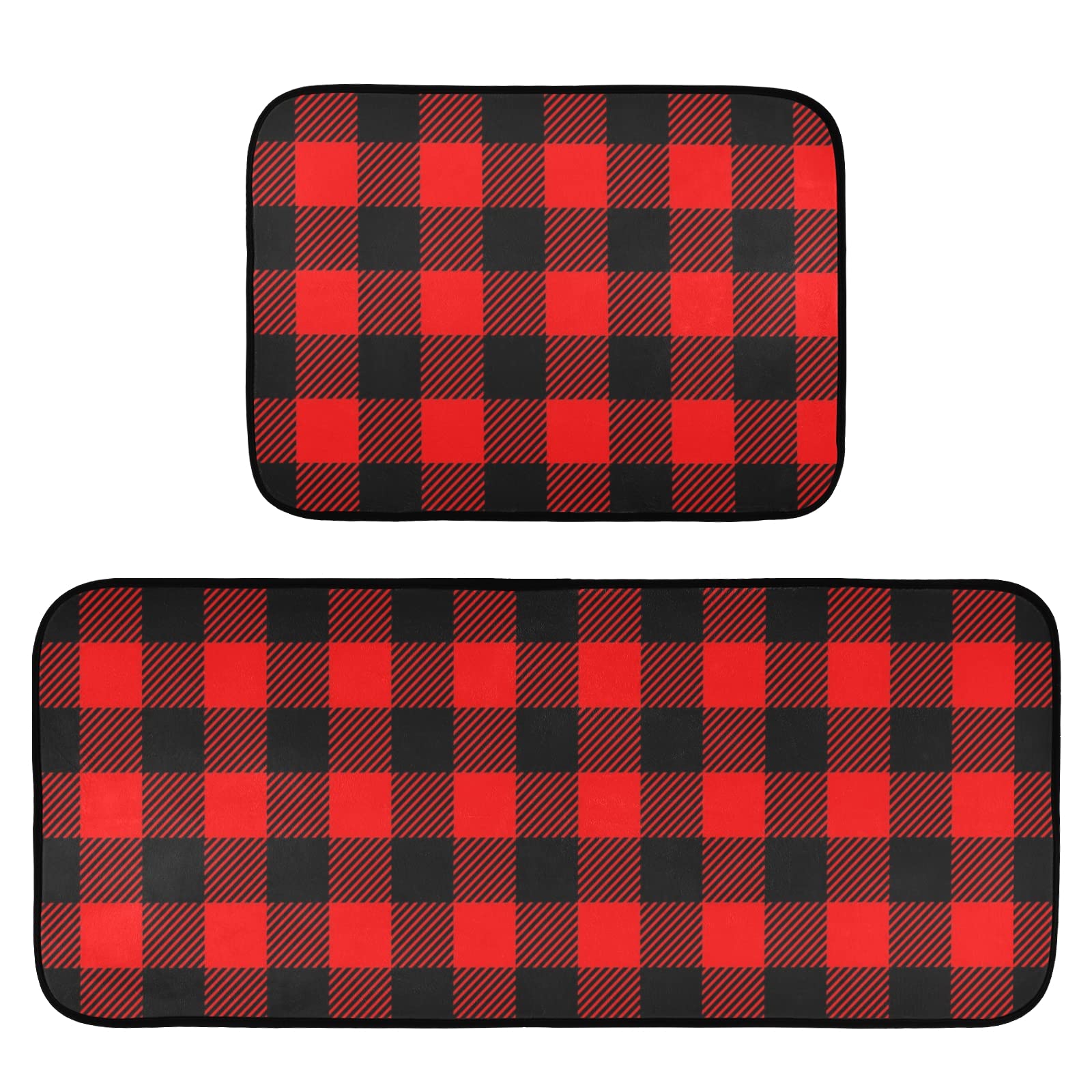 CaTaKu Non-Slip Christmas Plaid Kitchen Rugs Set of 2 - Black & Red Tartan Polyester Floor Mats, Washable Standing Comfort Mats for Kitchen, Laundry, Sink & Office - Perfect Holiday Decor & Home Essentials
