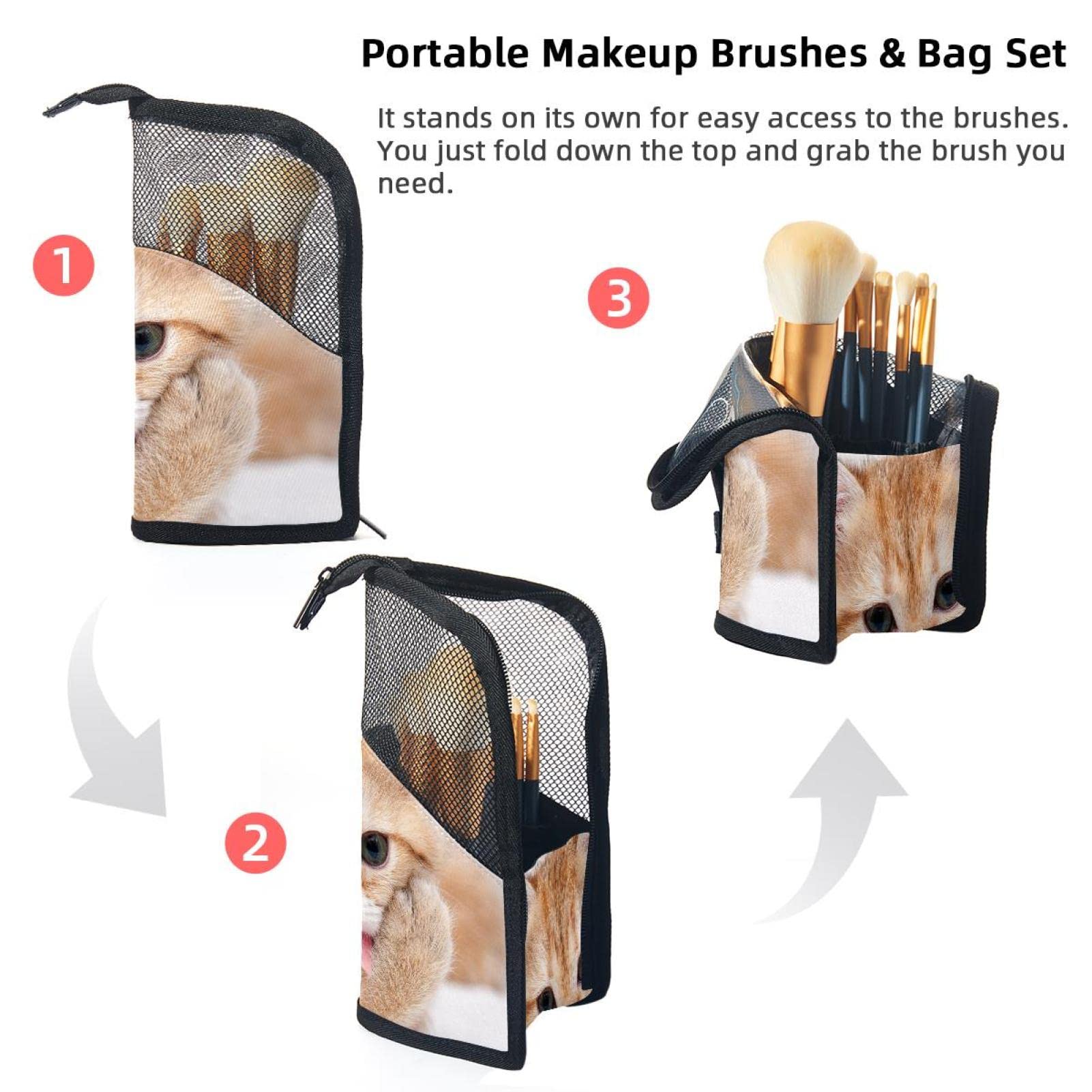 Portable Makeup Brush Organizer Bag with 12 Slots - Cute Kitty Design Travel Cosmetic Brush Holder Case - Perfect for Home, Travel & Professional Makeup Artists
