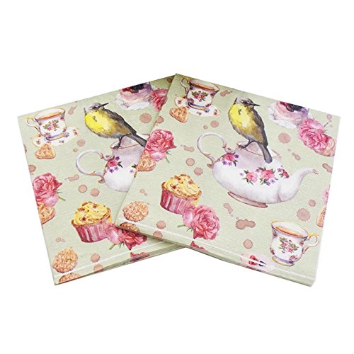 WallyE Floral Printed Decoupage Bird Paper Napkins - French Country Garden Inspired Tea Party Luncheon Napkins, 20 Pack - Perfect for Bridal Showers, Garden Parties & Afternoon Tea Events