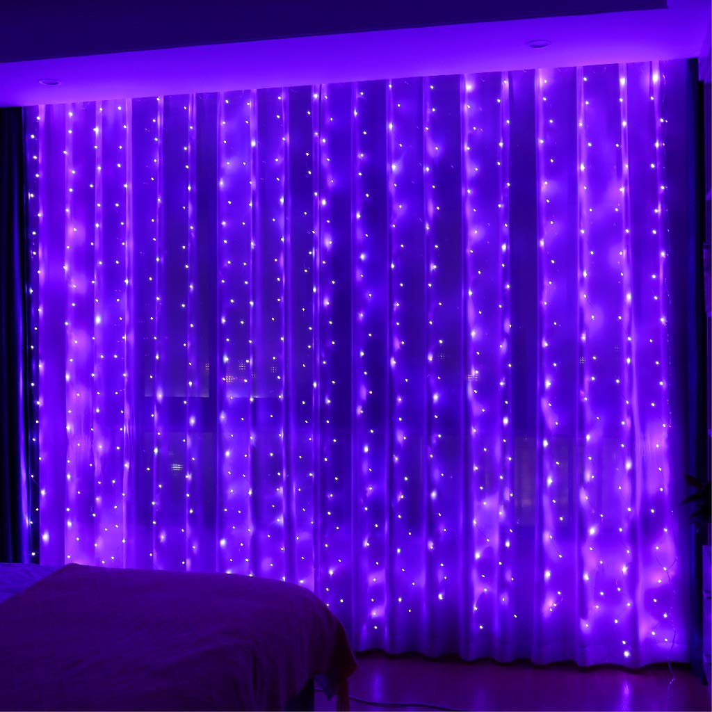 300 LED Purple Fairy Curtain Lights with Remote - 8 Lighting Modes & Timer - 9.8x9.8ft USB Plug-in String Lights for Bedroom, Outdoor, Wedding, Party, Garden, Wall Decor - Perfect for Christmas, Home Decorations & Romantic Ambiance
