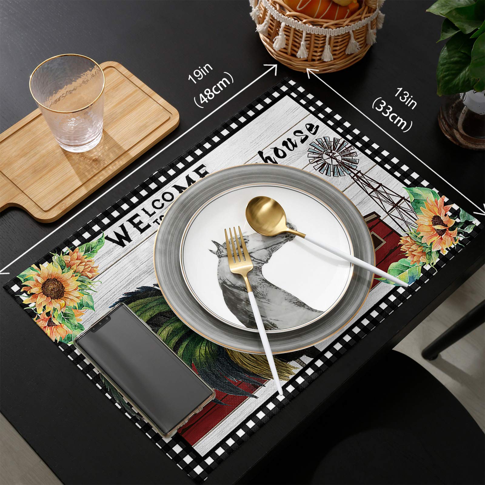 Farmhouse Style Washable Placemats Set of 6 - Rooster Welcome Design, Black White Plaid Wooden Stripes, 13