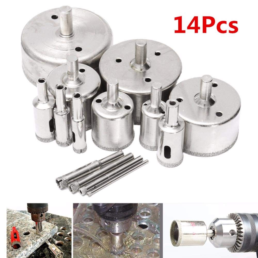 14-Piece Diamond Coated Drill Bit Set (3-70mm) for Tile, Marble, Glass & Ceramic - Hole Saw & Diamond Core Bit for Professional Tiling & Masonry Work