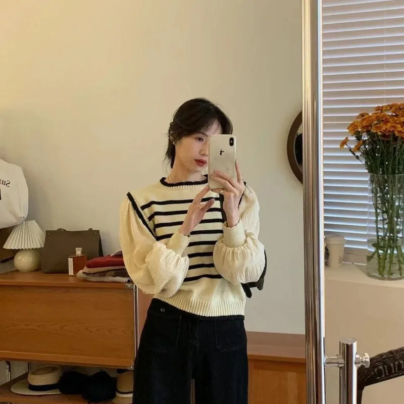 Women's Black & White Striped Knitted Two-Piece Sweater Set - Soft Korean-Style Pullover for Spring & Fall | Perfect for Casual Outings & Layered Outfits