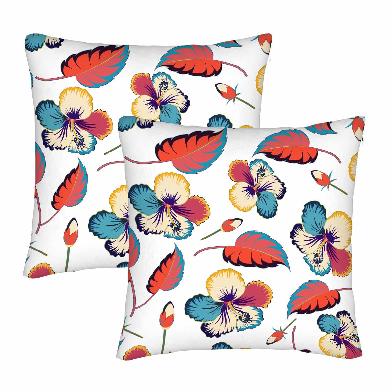 Beabes 22x22 Inch Hibiscus Flower Throw Pillow Cover Set of 2 - Vintage Watercolor Floral Leaf Design in Beige White & Blue - Square Cushion Covers for Sofa, Bed, Living Room Decor