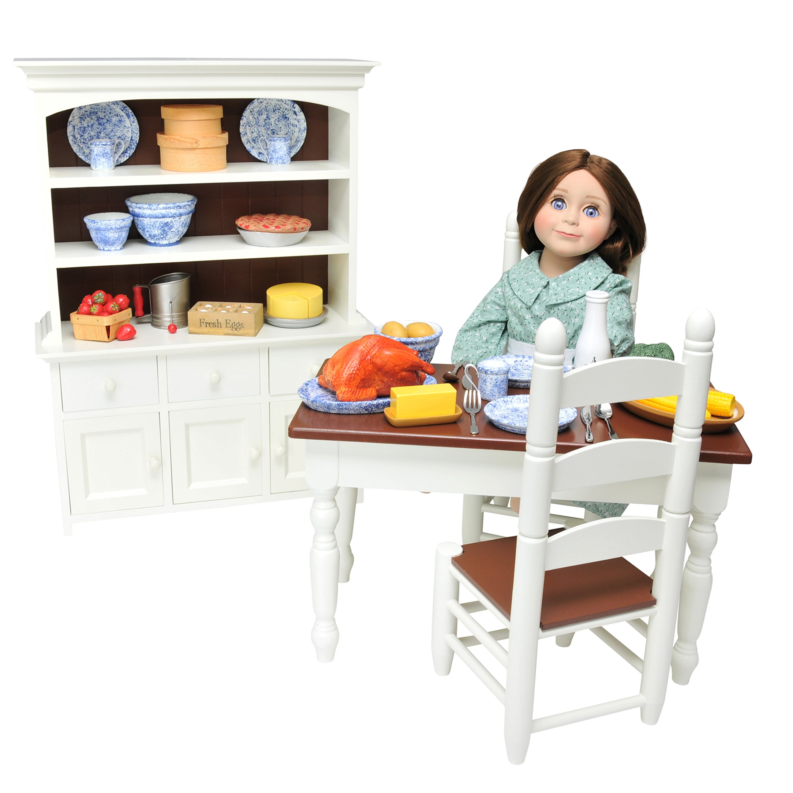 18 Inch Doll Wooden Kitchen Cupboard Hutch - Farmhouse Style Fully Assembled Furniture for American Girl & 18