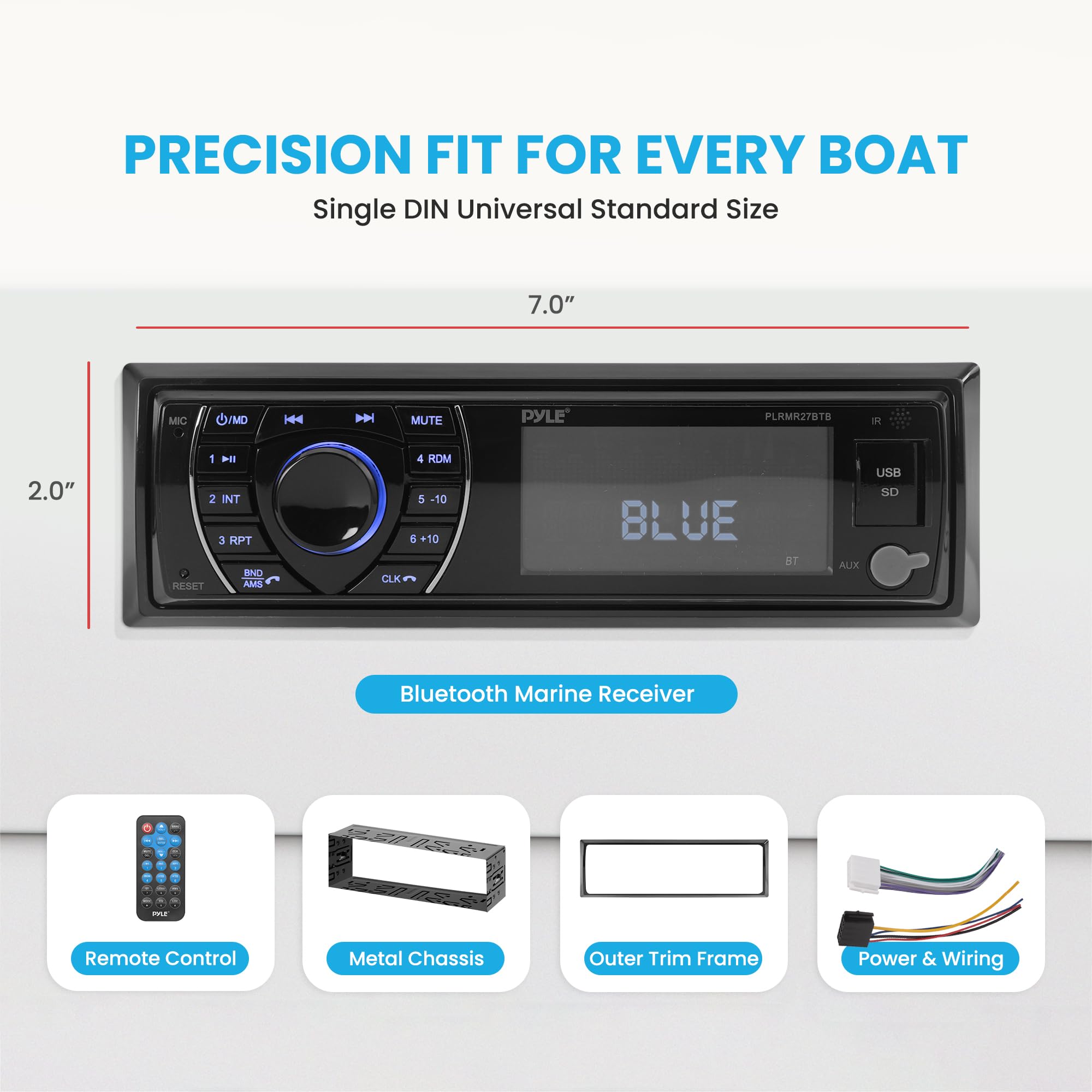 Pyle PLRMR27BTB Bluetooth Marine Stereo Receiver - 12V Single DIN Boat Radio with Digital LCD Display, USB/SD/MP3 Playback, AM/FM Radio, RCA Output & Remote Control - Perfect for Boats, Yachts & Marine Vehicles