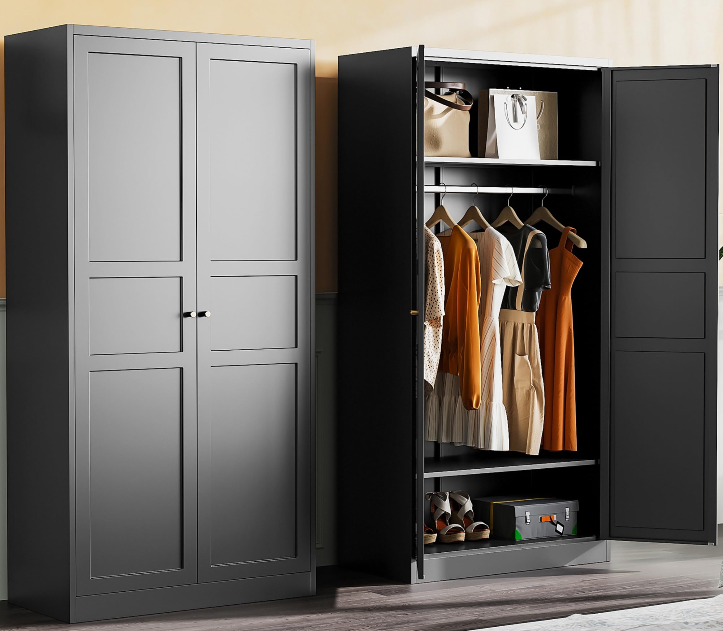 SESESOL Black Metal Wardrobe Cabinet with Hanging Rod & Adjustable Shelves - 72