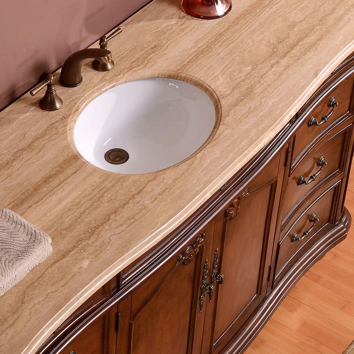 72-inch Travertine Stone Top Bathroom Vanity with Single Sink - Modern Bathroom Storage Cabinet for Master Bath & Powder Room | Silkroad Exclusive