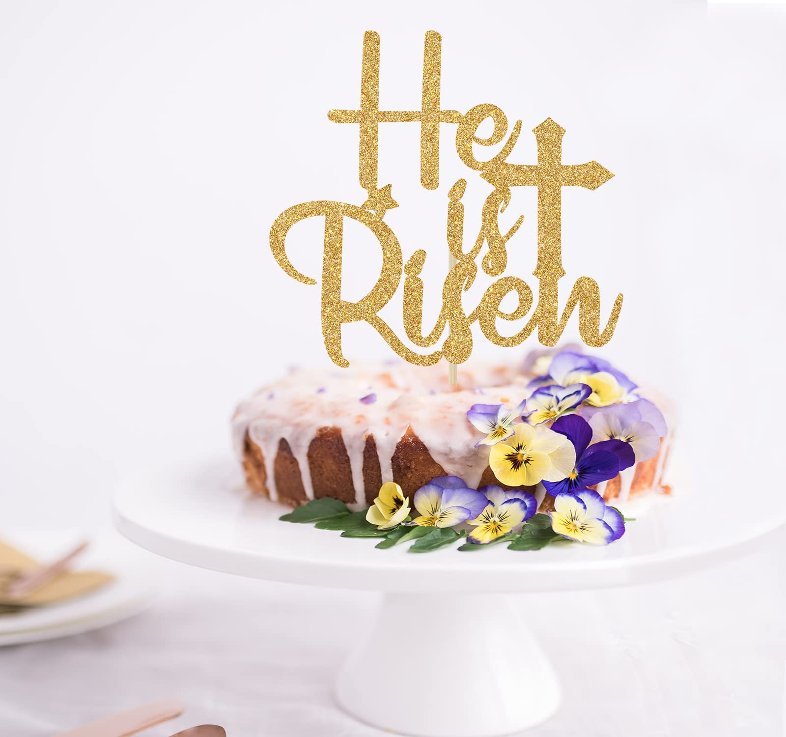 He is Risen Cake Topper - Gold Glitter Jesus Cross Easter Cake Decorations for Easter Party Supplies & Religious Celebration
