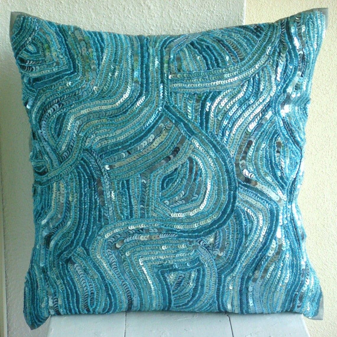 Blue Sequined Beaded Abstract Glitter Pillow Shams 24x24 Inch (60x60 cm) - Silk Square Decorative Throw Pillow Covers for Beach House, Bedroom & Coastal Decor - Aqua Infinity Sea Creature Design
