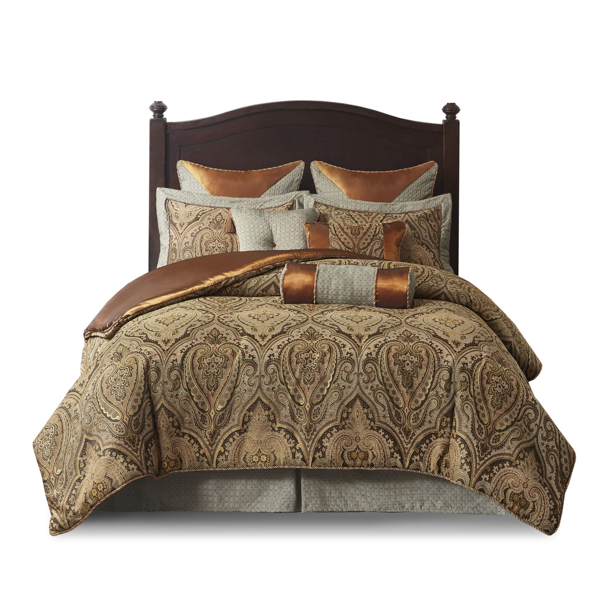 Hampton Hill King Size 10-Piece Bed in a Bag Comforter Set - 2-in-1 Duvet & Ultra Soft Microfiber Bedding in Teal & Brown Jacquard Medallion Damask Pattern | Perfect for Master Bedroom, Guest Room & Luxury Hotel Style Decor