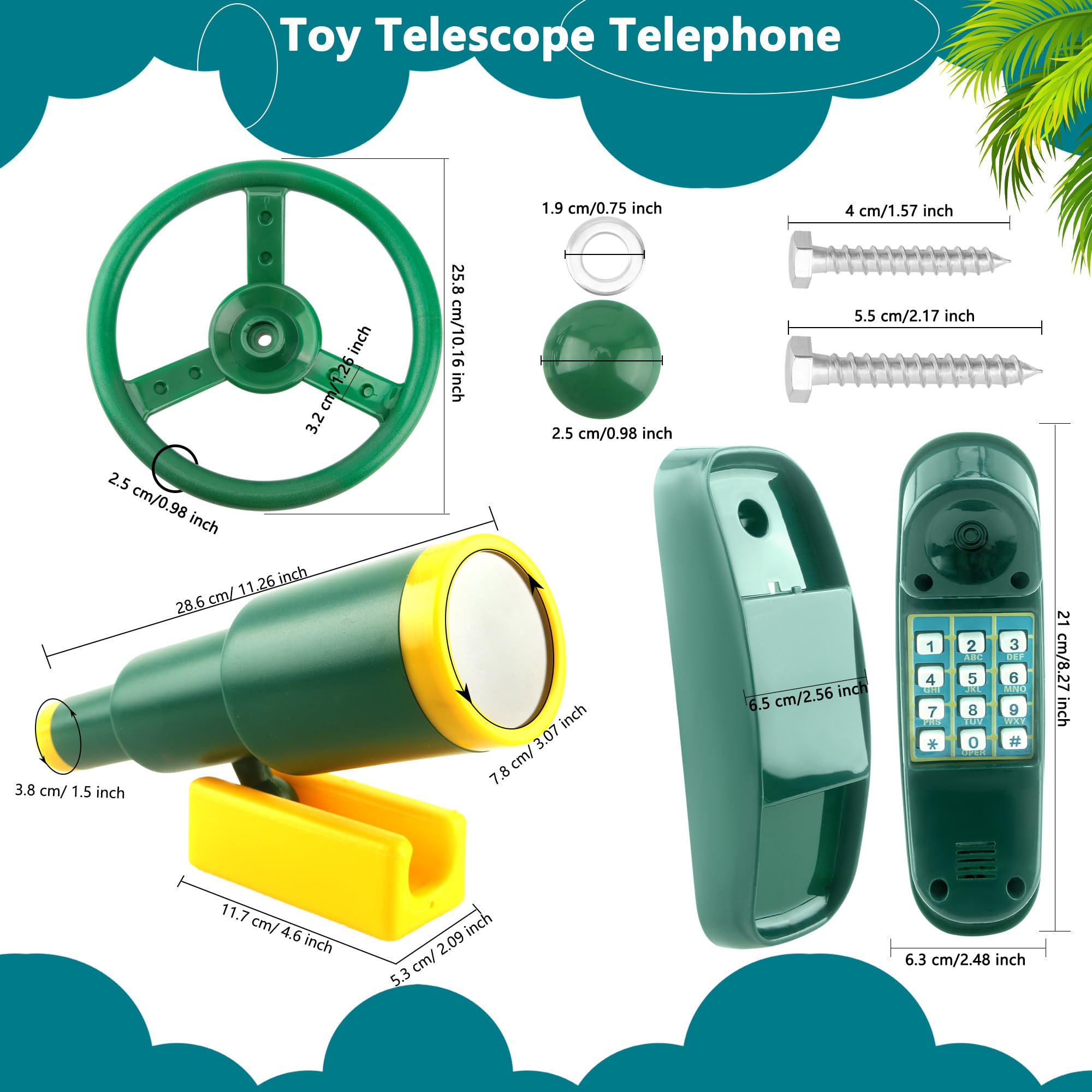 Kids Outdoor Playground Swing Set Accessories - Plastic Steering Wheel, Telescope & Telephone Toy for Backyard, Treehouse & Park Play (Fun for Pretend Play & Adventure)