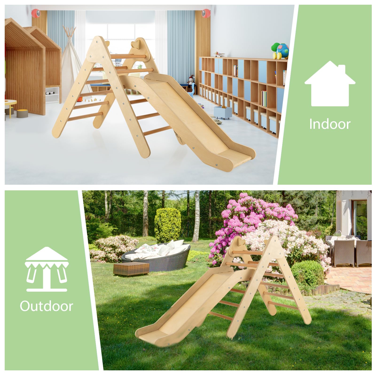 OLAKIDS 2-in-1 Wooden Montessori Climbing Triangle Set with Ramp Ladder Slide - Indoor & Outdoor Toddler Climbing Toy for Boys & Girls - Perfect for Playroom, Backyard, Daycare & Montessori Classroom Activities