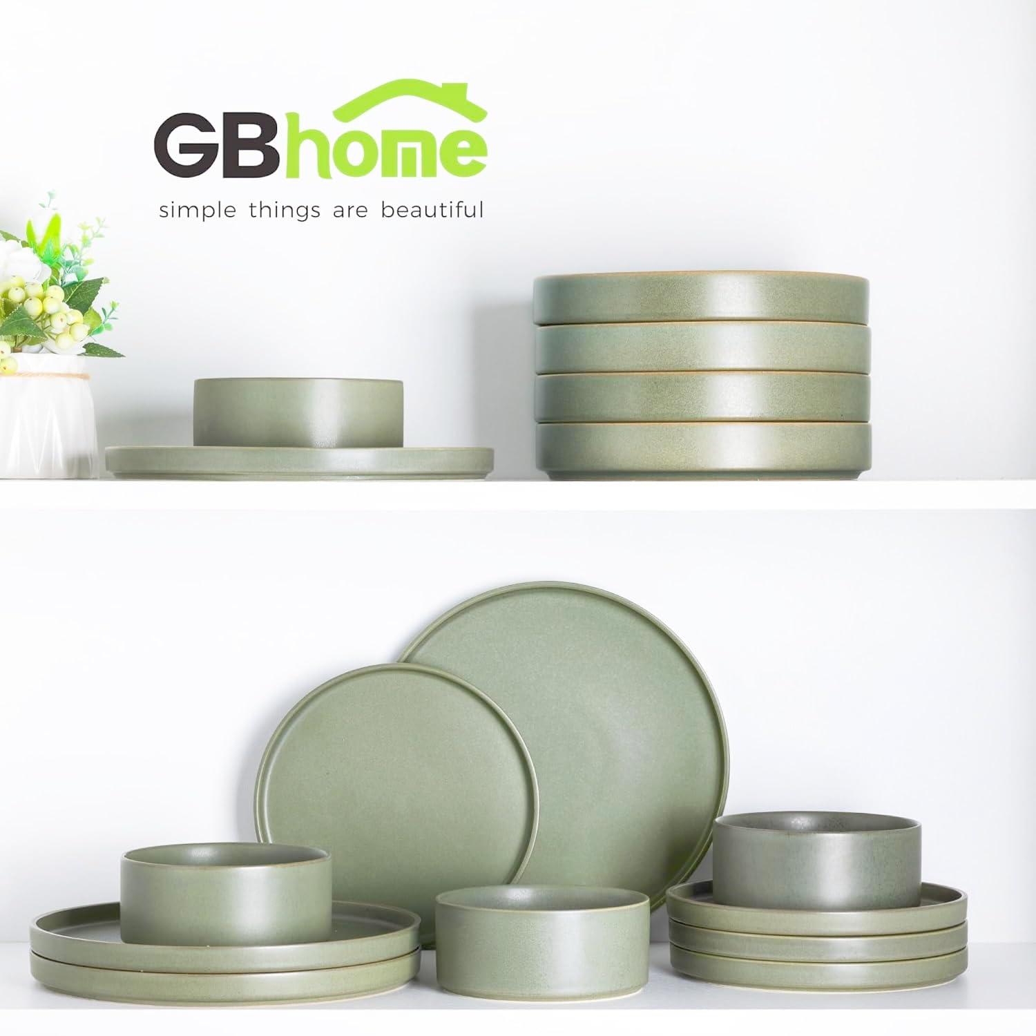 GBHOME 16-Piece Ceramic Dinnerware Set for 4 - Stoneware Plates, Bowls & Mugs - Chip & Scratch Resistant, Dishwasher/Microwave/Oven Safe - Reactive Glaze Green - Perfect for Everyday Dining, Dinner Parties & Restaurant Use