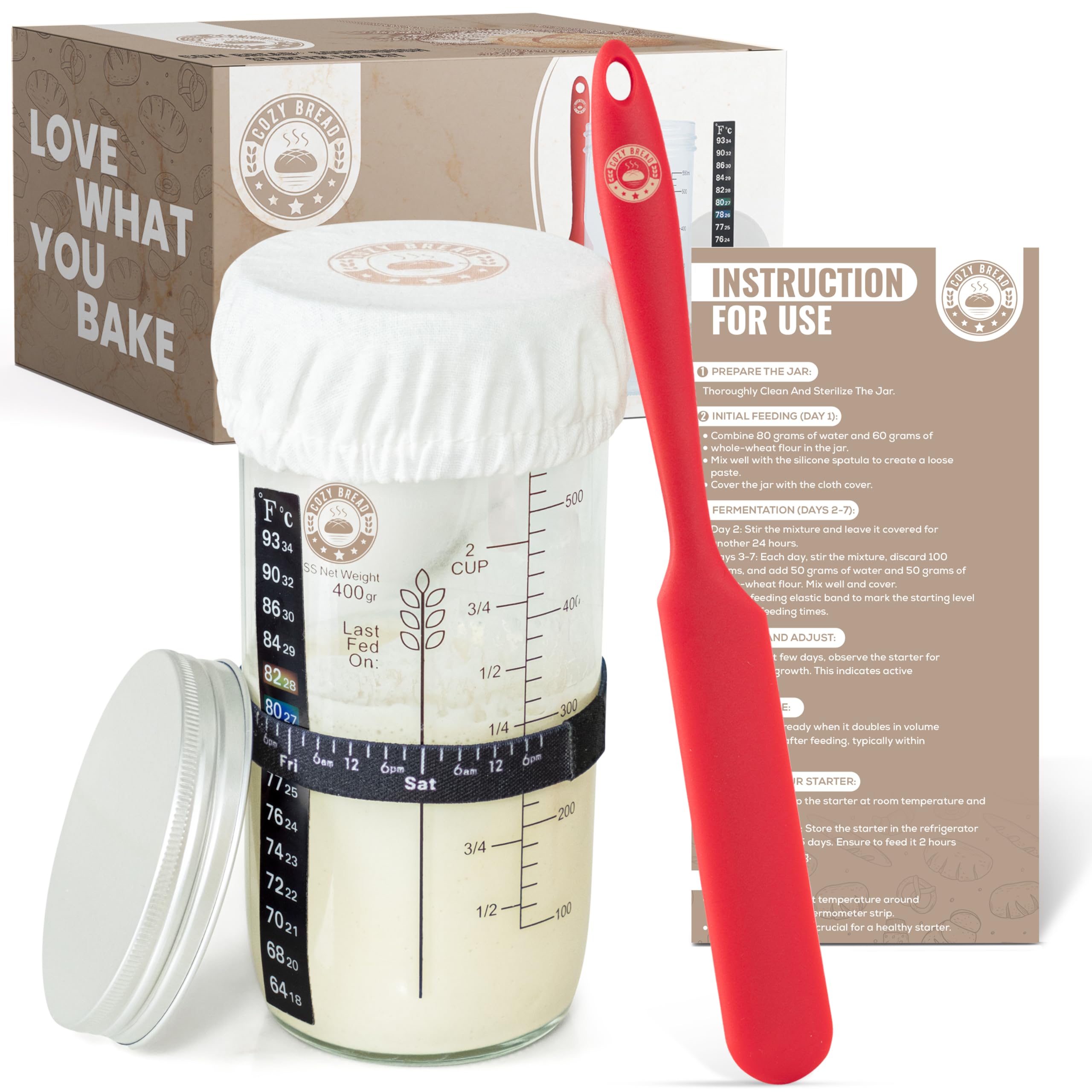 Cozy Bread® Sourdough Starter Kit with Glass Jar - 2 Measuring Cups & mL Markings - Dishwasher Safe - Perfect for Home Baking, Artisan Bread Making & Gift Giving