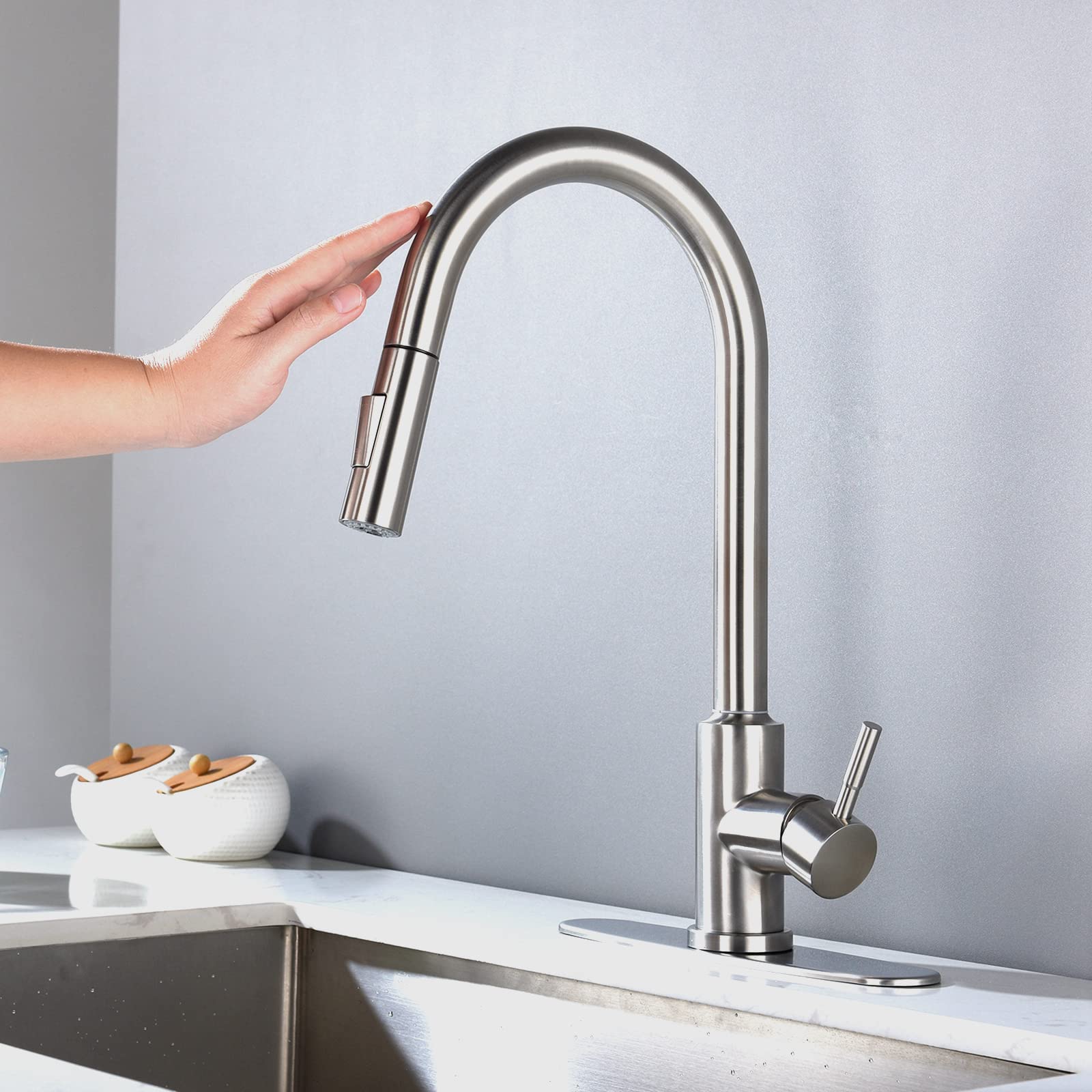High Arc Pull Down Sprayer Kitchen Faucet - Single Handle Touch Control Stainless Steel Sink Faucet with Brushed Nickel Finish - Perfect for Modern Kitchens, Dishwashing & Food Prep
