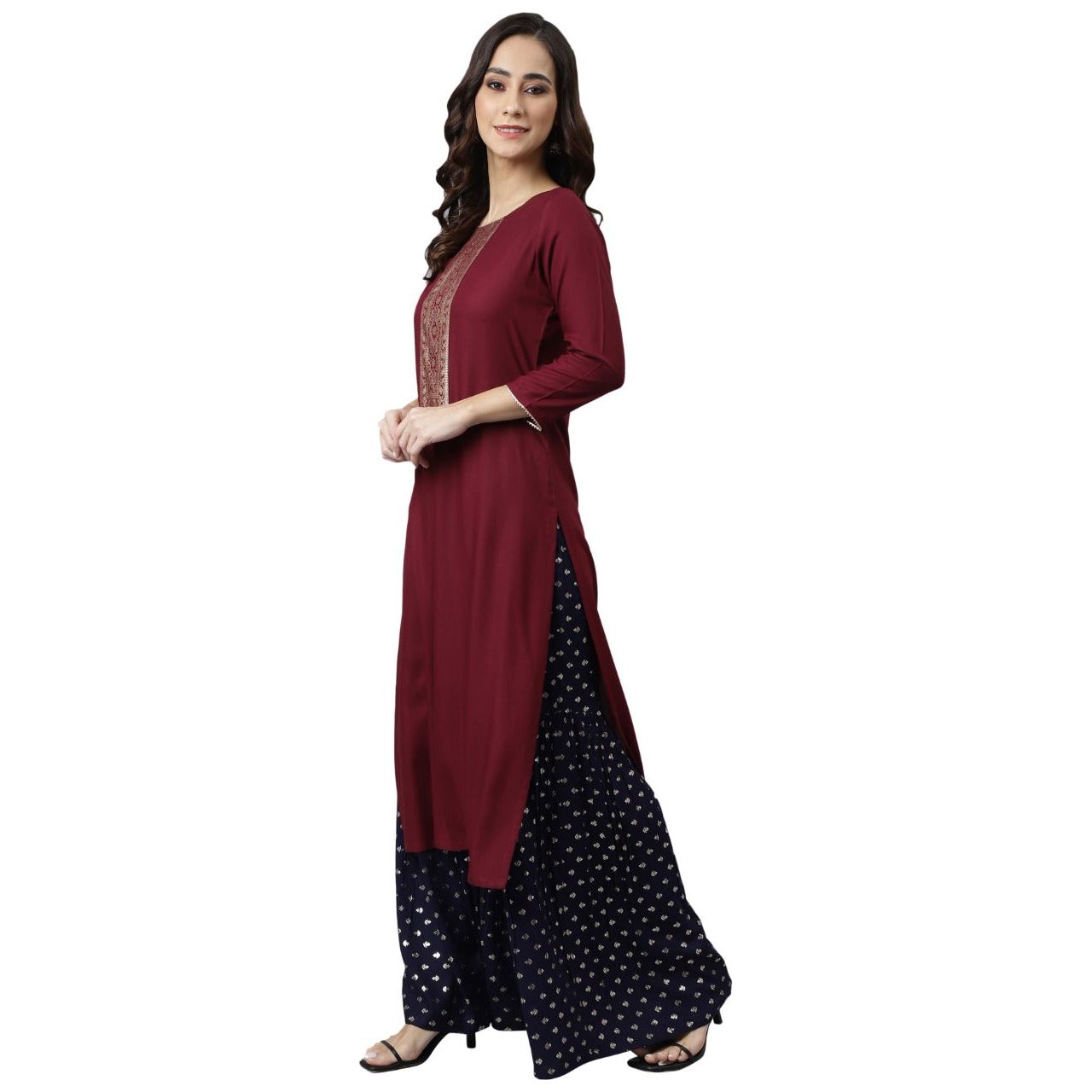 Elegant Wine and Gold Printed Women's Kurta - Stylish Indian Ethnic Tunic Top for Festivals, Weddings & Special Occasions