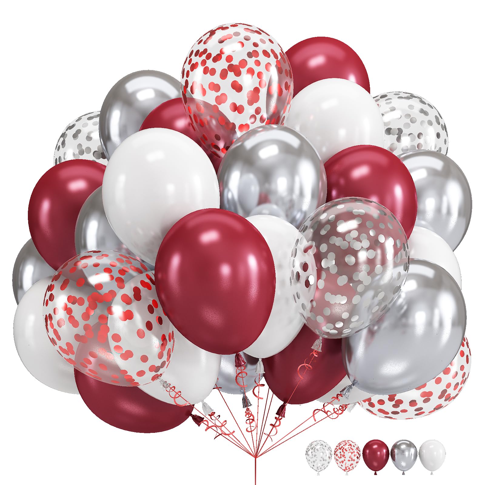 60 Pack 12 Inch Burgundy Red & Silver Metallic Confetti Balloons with Ribbons - Elegant Wedding, Bridal Shower, Birthday & Retirement Party Decorations - Perfect for Women's Celebrations & Special Events