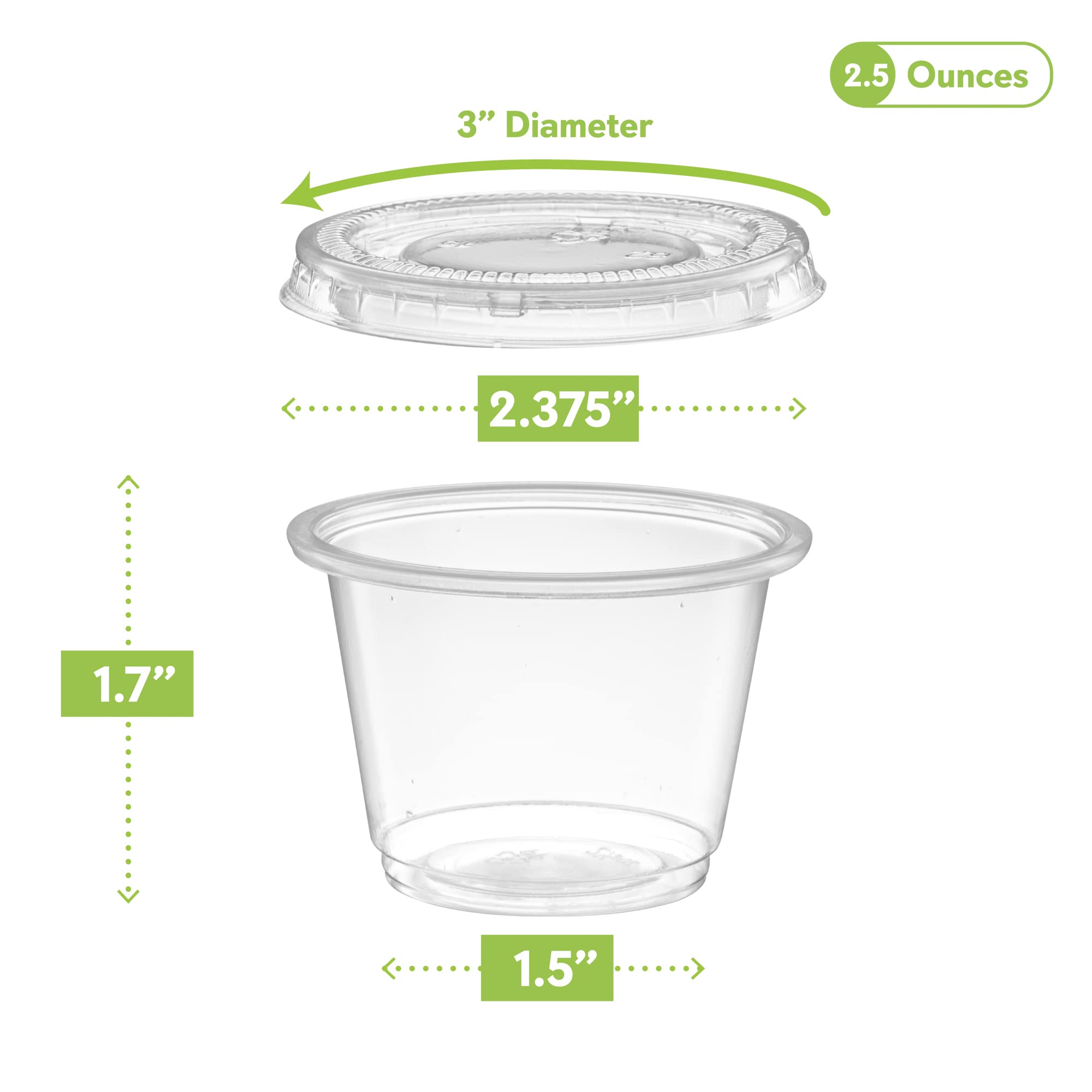 2.5 oz - 100 Sets Clear Disposable Plastic Portion Cups with Lids | Small Mini Containers for Portion Control, Jello Shots, Meal Prep, Sauce Cups, Slime, Condiments, Medicine, Dressings & Crafts | Perfect for Parties, Restaurants, Catering & Home Use