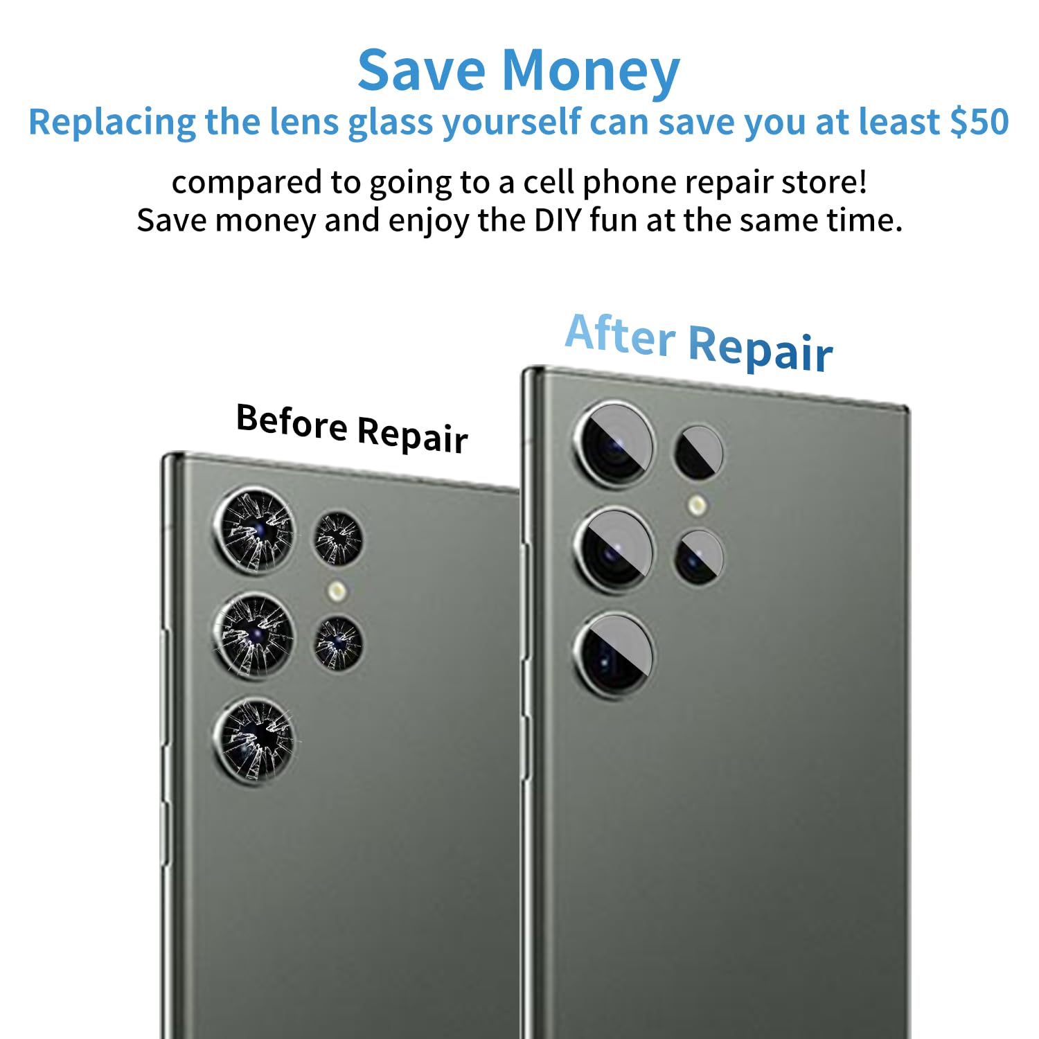 2 Pack Samsung Galaxy S23 Ultra Rear Camera Lens Glass Replacement with Pre-Installed Adhesive - Includes Repair Tools, Installation Manual & Lens Protector for DIY Phone Repair & Protection