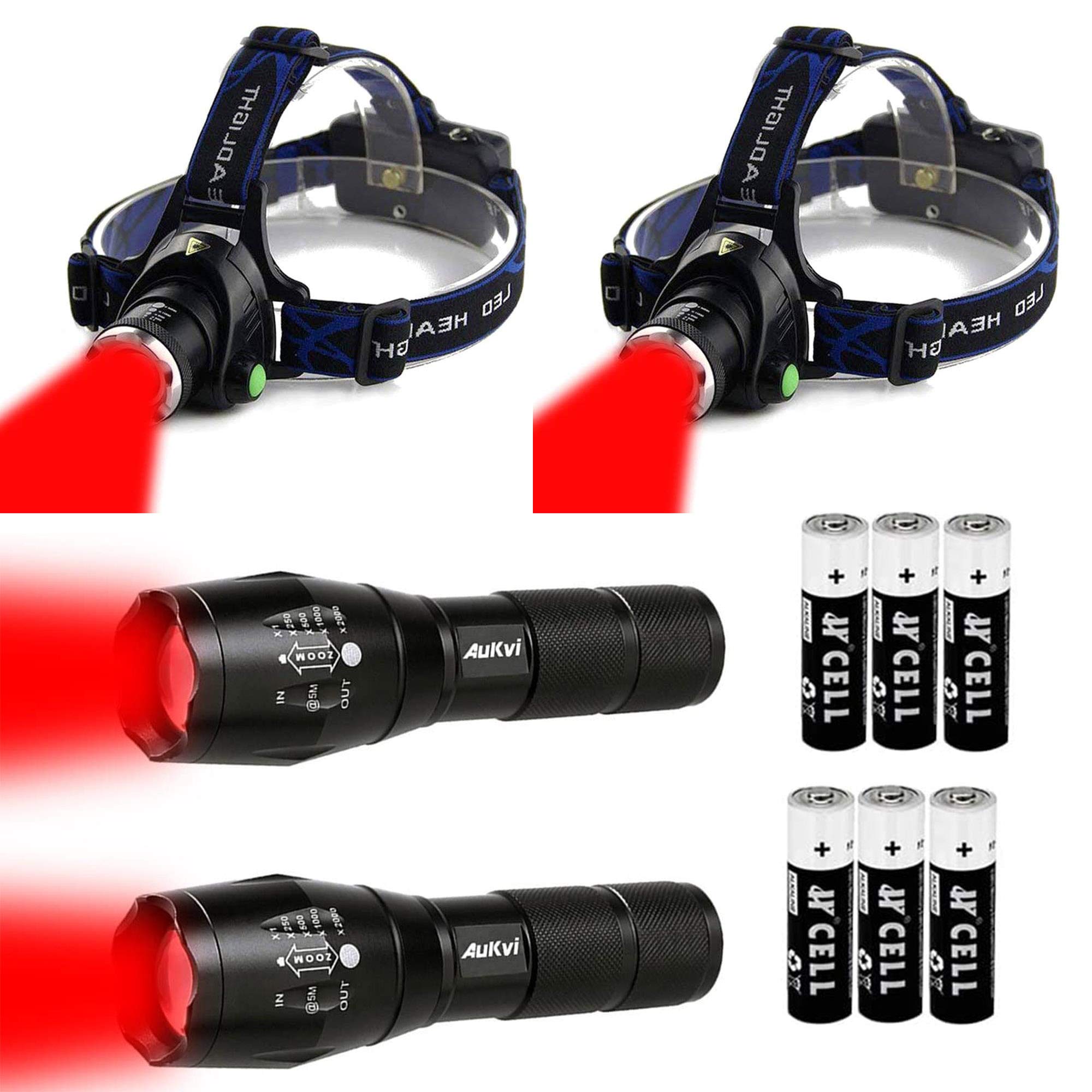 2 Pack Deep Red LED Flashlight and Headlamp Combo - Night Vision, Hunting, Camping & Emergency Use